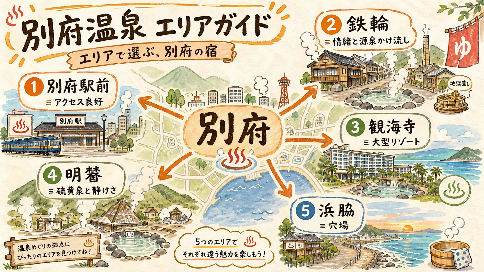 別府温泉の主要5エリア(別府駅前・鉄輪・観海寺・明礬・浜脇)の位置関係と特徴