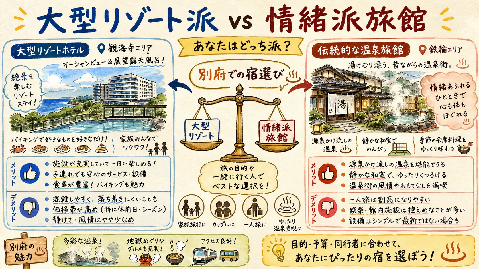 大型リゾートホテル(観海寺エリア)と情緒派温泉旅館(鉄輪エリア)の比較