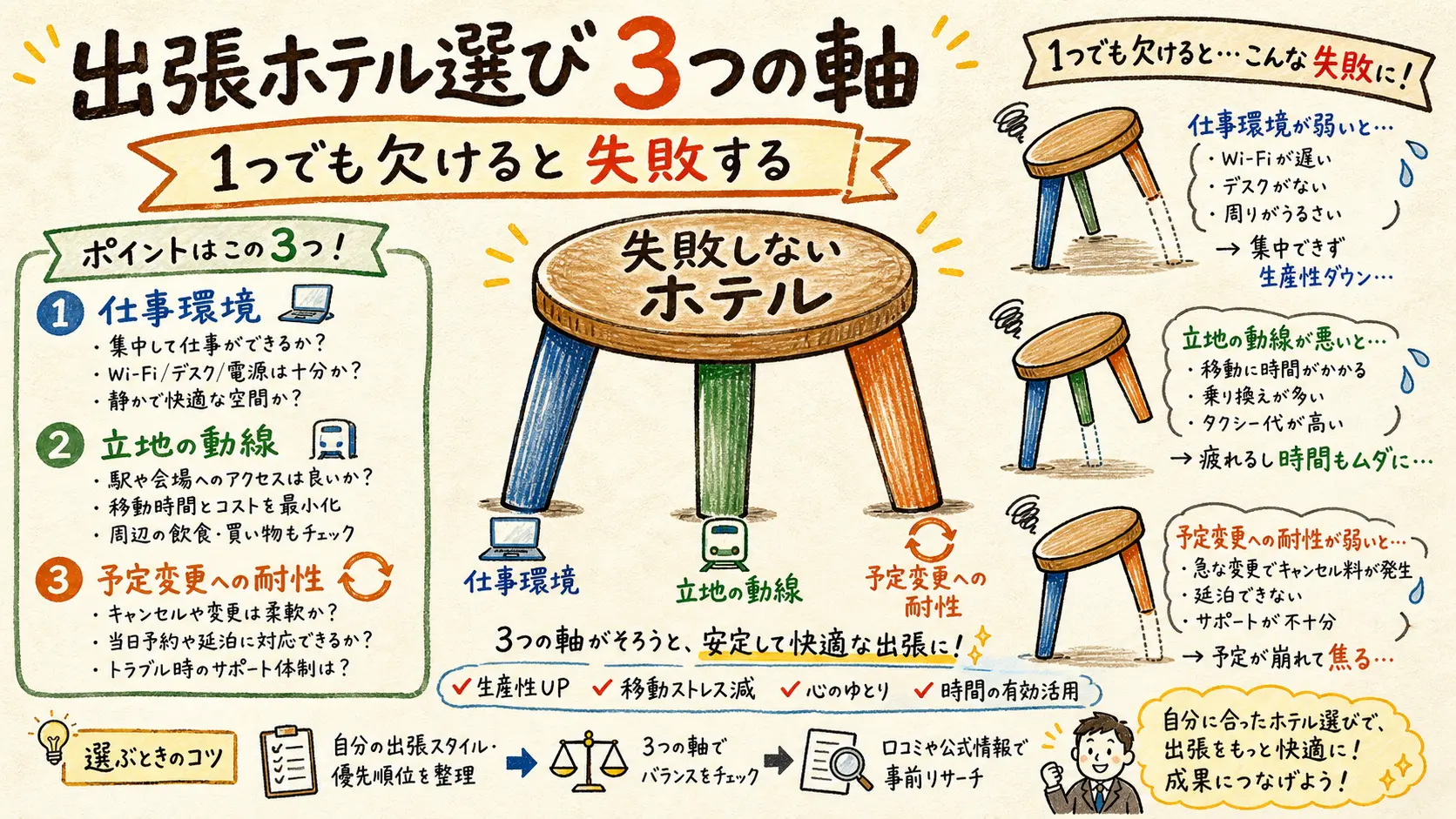 出張ホテル選び3つの軸(仕事環境・立地の動線・予定変更への耐性)を三本脚の椅子で図解