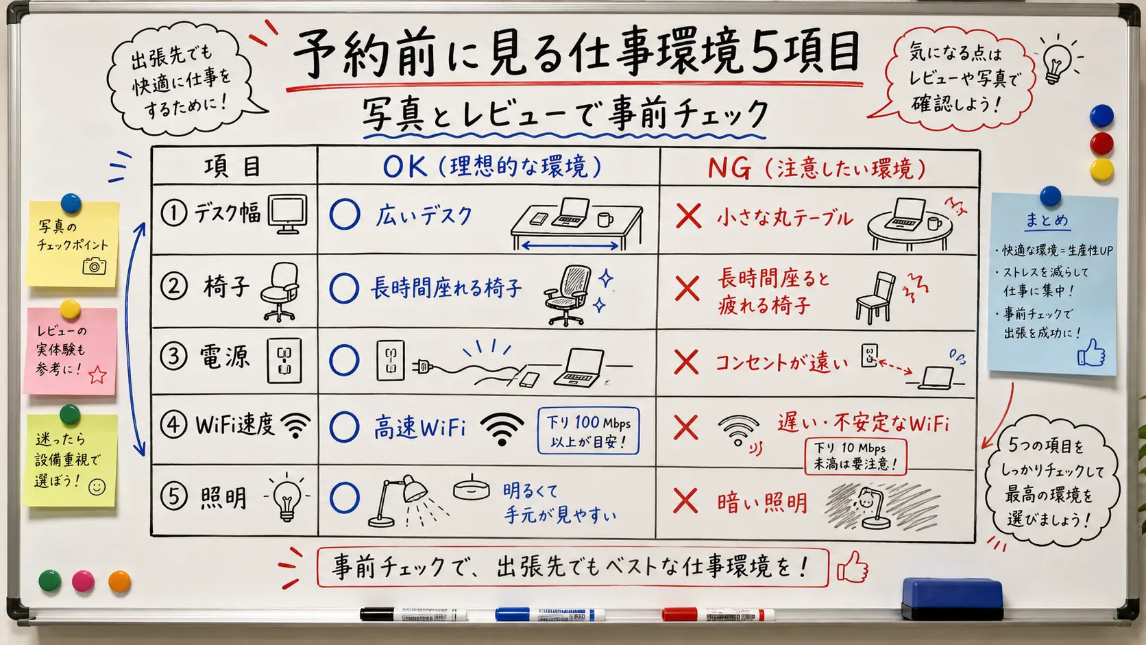 出張ホテルの仕事環境チェックリスト5項目(デスク幅・椅子・電源・WiFi速度・照明)のOK/NG比較表