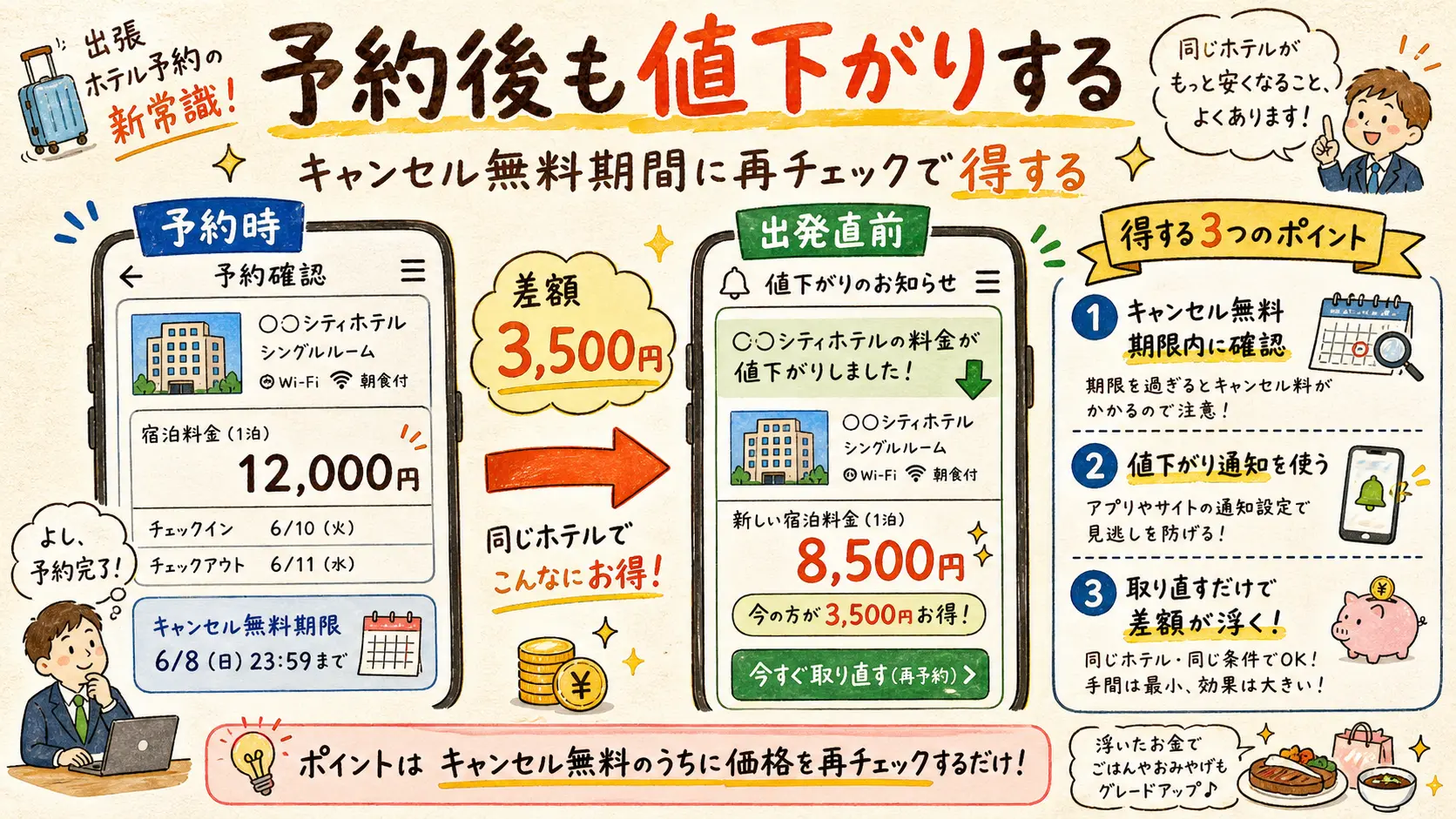 出張ホテル予約後の値下がりをBefore/Afterで示した価格推移グラフ