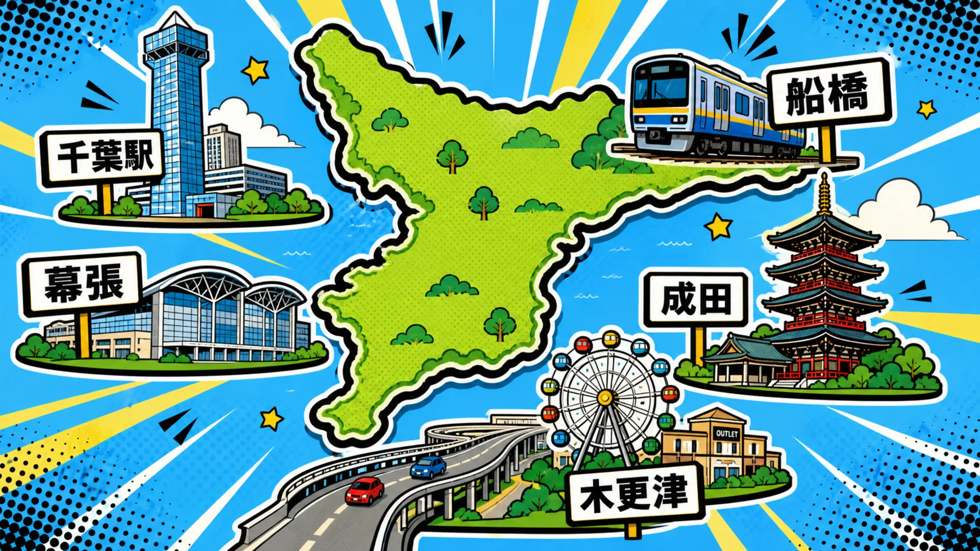 千葉県内5エリア(千葉駅・幕張・船橋・成田・木更津)の格安ホテルエリア早見図