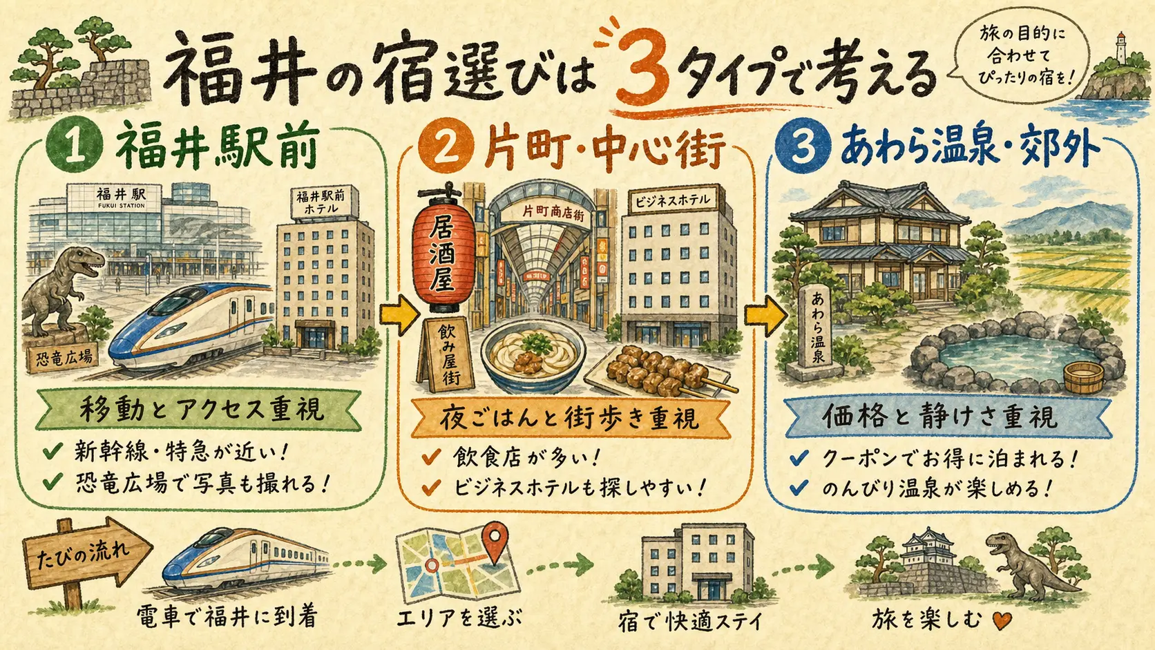 福井駅前・片町中心街・あわら温泉勝山の3タイプで宿を選ぶ図解