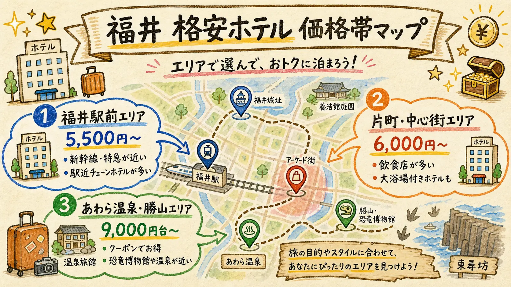 福井の格安ホテル10軒をエリアと価格帯と強みで比較した図解