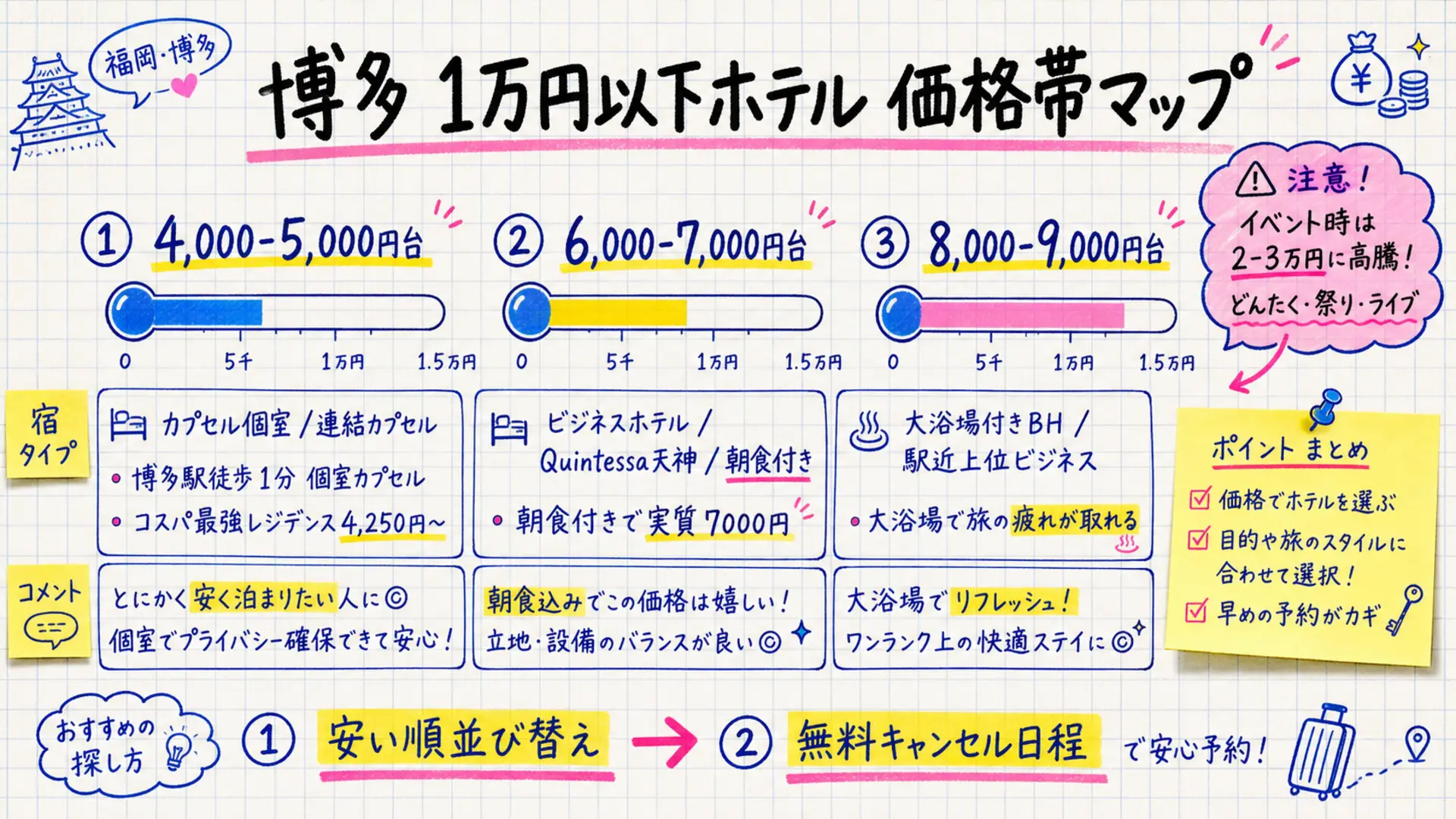 博多 1万円以下ホテル 価格帯マップ