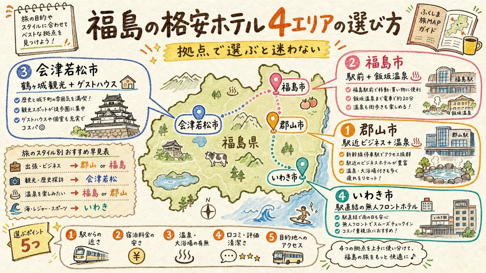 福島県内の郡山市・福島市・会津若松市・いわき市の宿選びの違いを示す図解