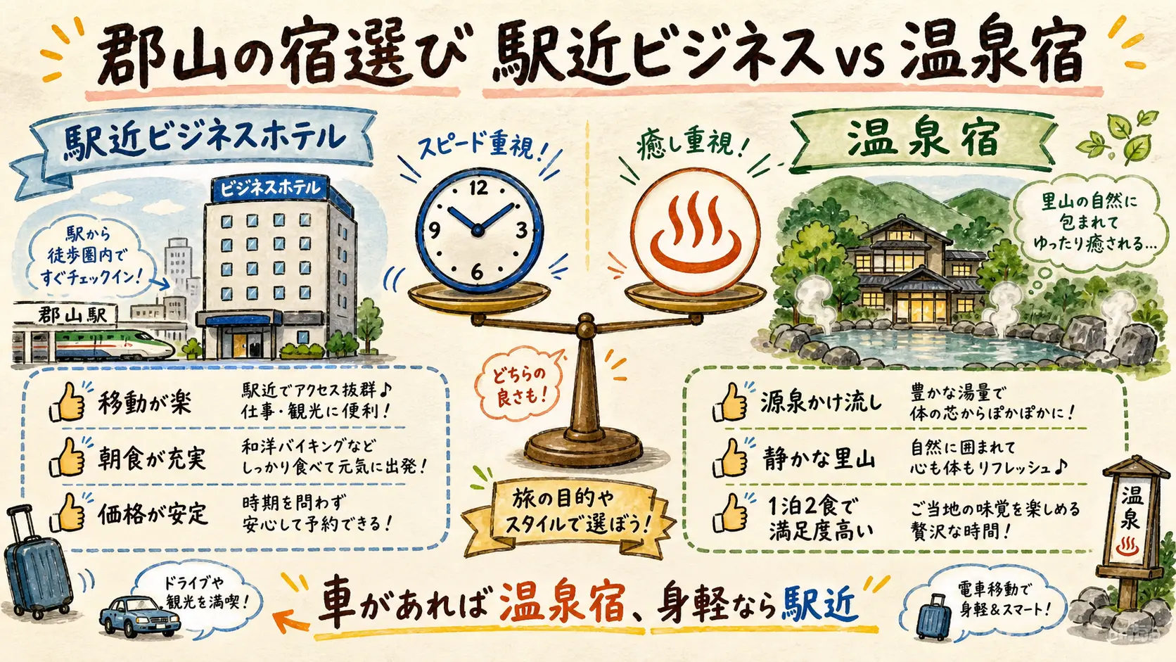 郡山市の宿選びを駅近ビジネスホテルと温泉宿で比較する図解
