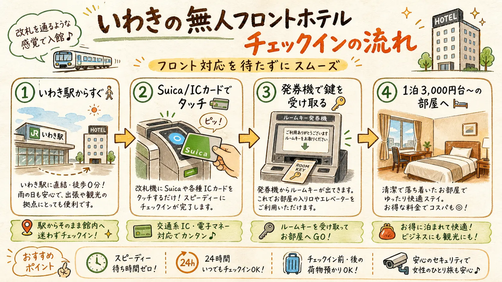 いわき駅直結の無人フロントホテルにSuicaでチェックインする流れを示す図解