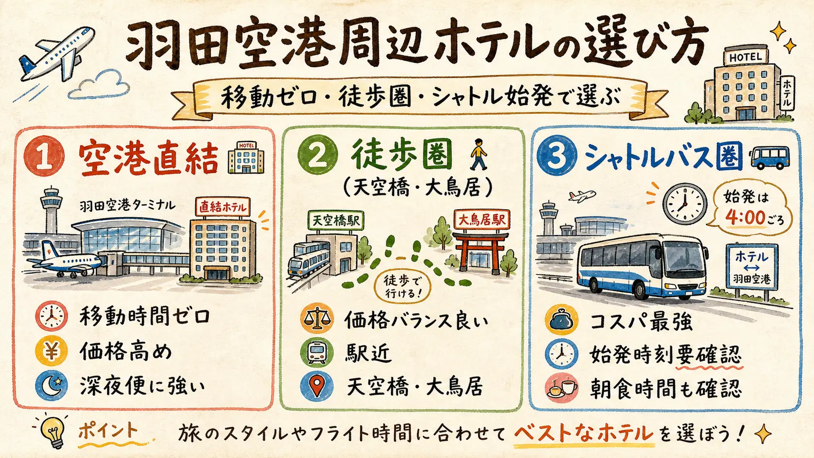 羽田空港周辺ホテルの選び方3タイプ比較図