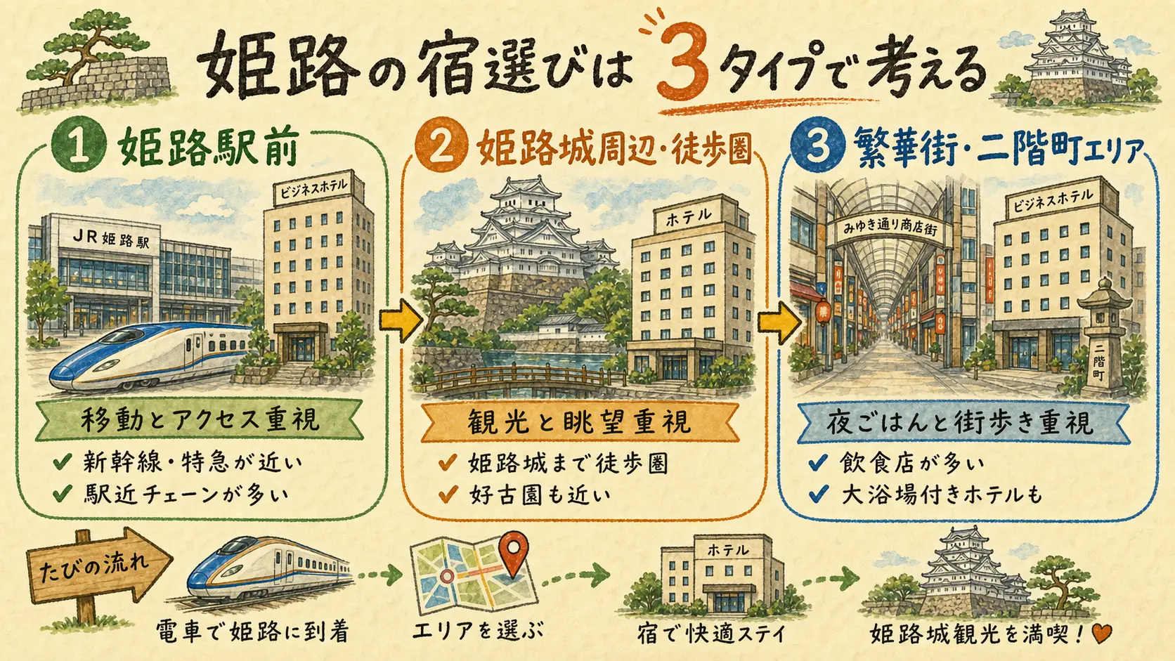 姫路駅前・姫路城周辺徒歩圏・繁華街二階町の3タイプで宿を選ぶ図解