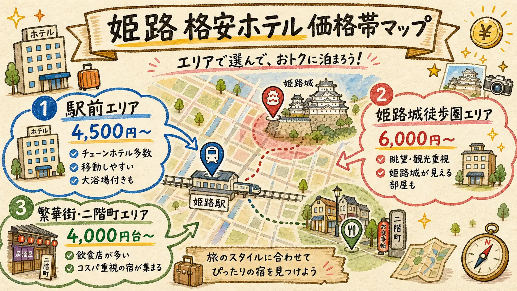 姫路の格安ホテル10軒をエリアと価格帯と強みで比較した図解
