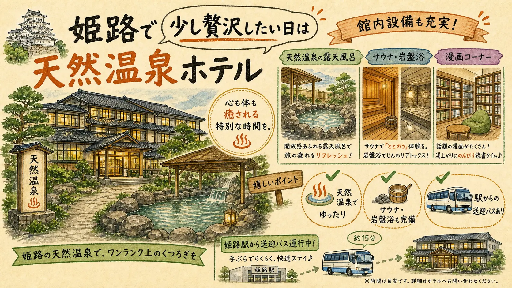 姫路キャッスルグランヴィリオホテルの天然温泉・サウナ・岩盤浴・漫画コーナーを紹介する図解