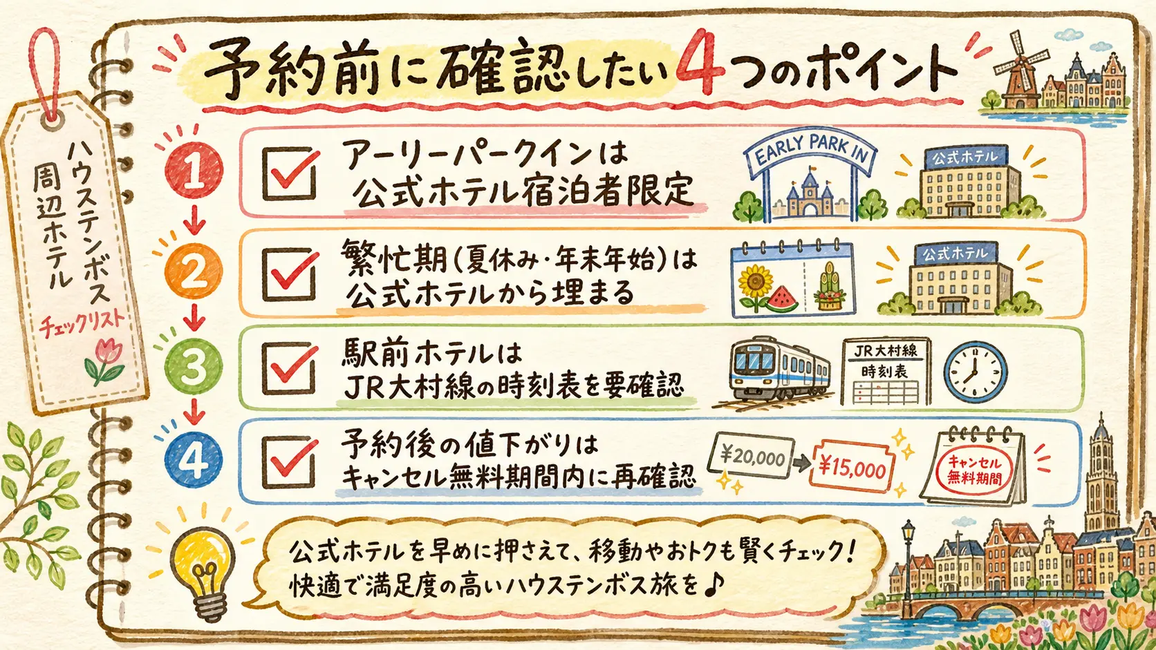 ハウステンボス周辺ホテル予約前チェックリスト