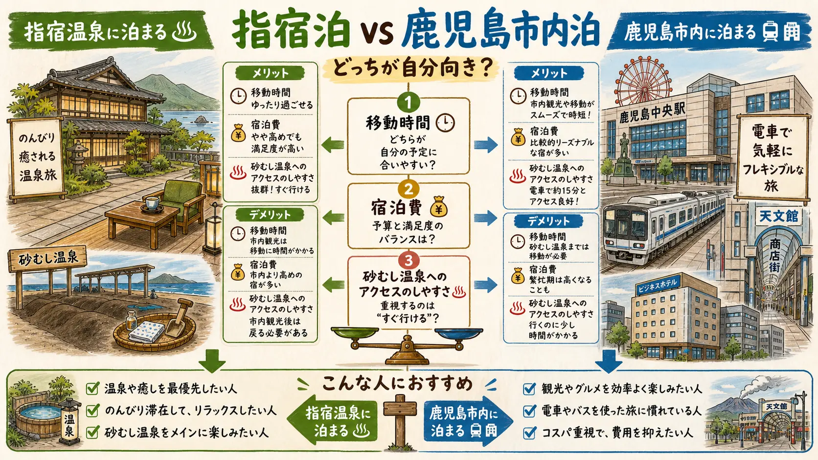 指宿泊と鹿児島市内泊の比較図解