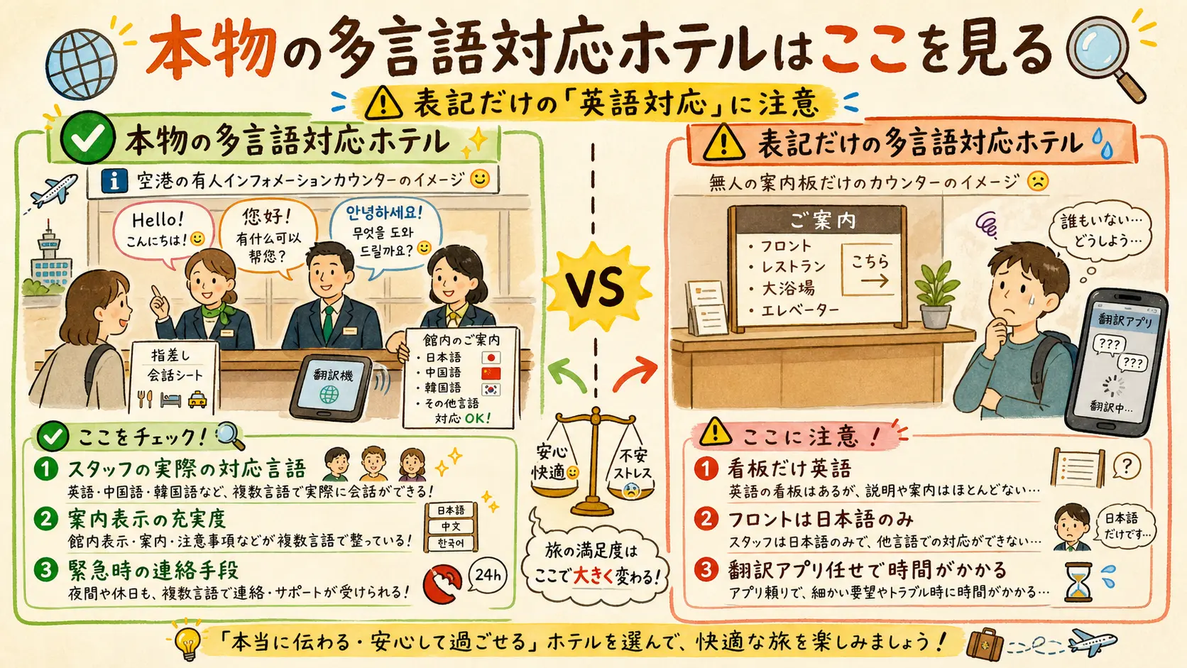 本物の多言語対応ホテルと表記だけの多言語対応ホテルの比較図