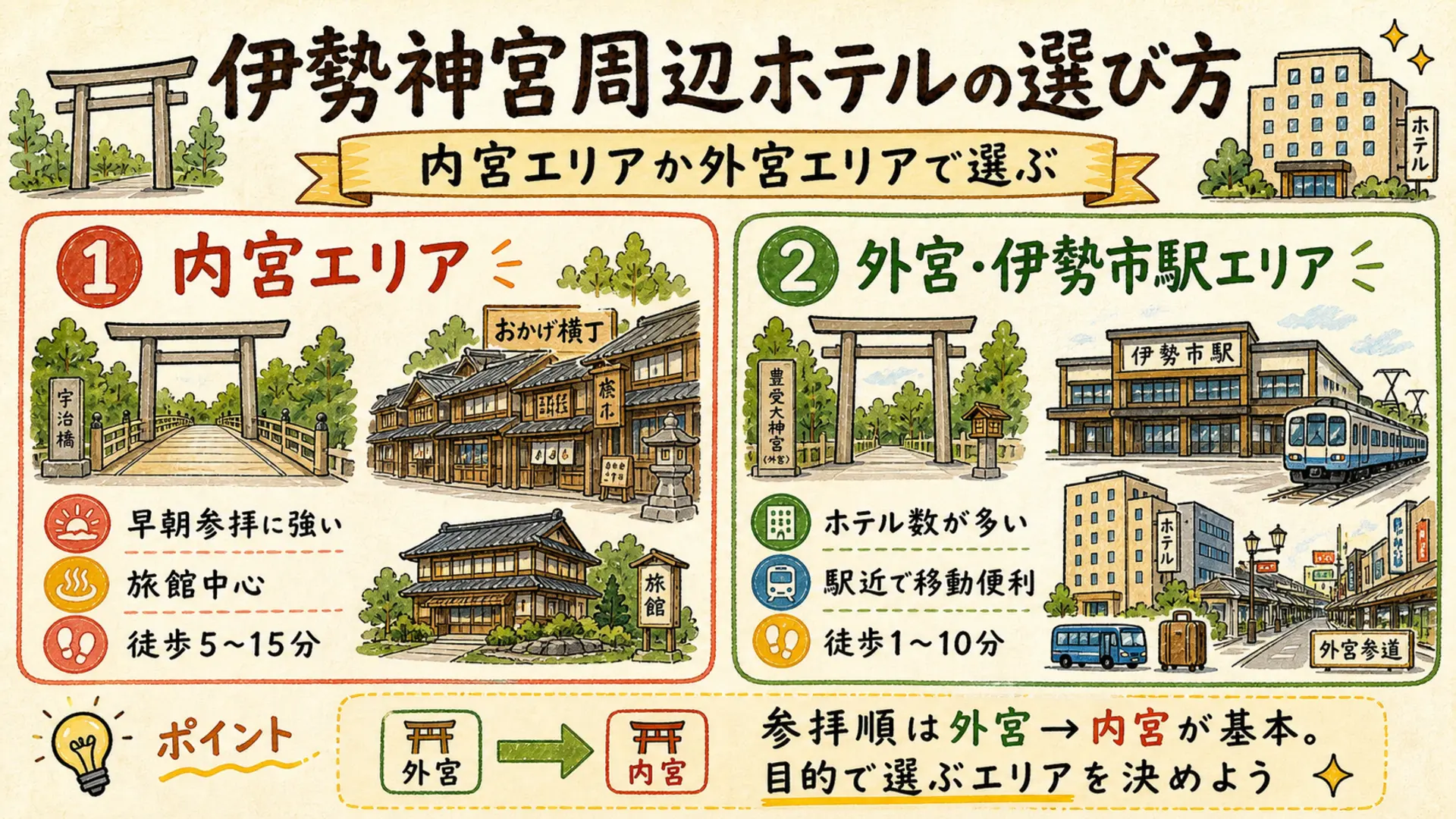伊勢神宮周辺ホテルの選び方 内宮エリアと外宮・伊勢市駅エリアの比較