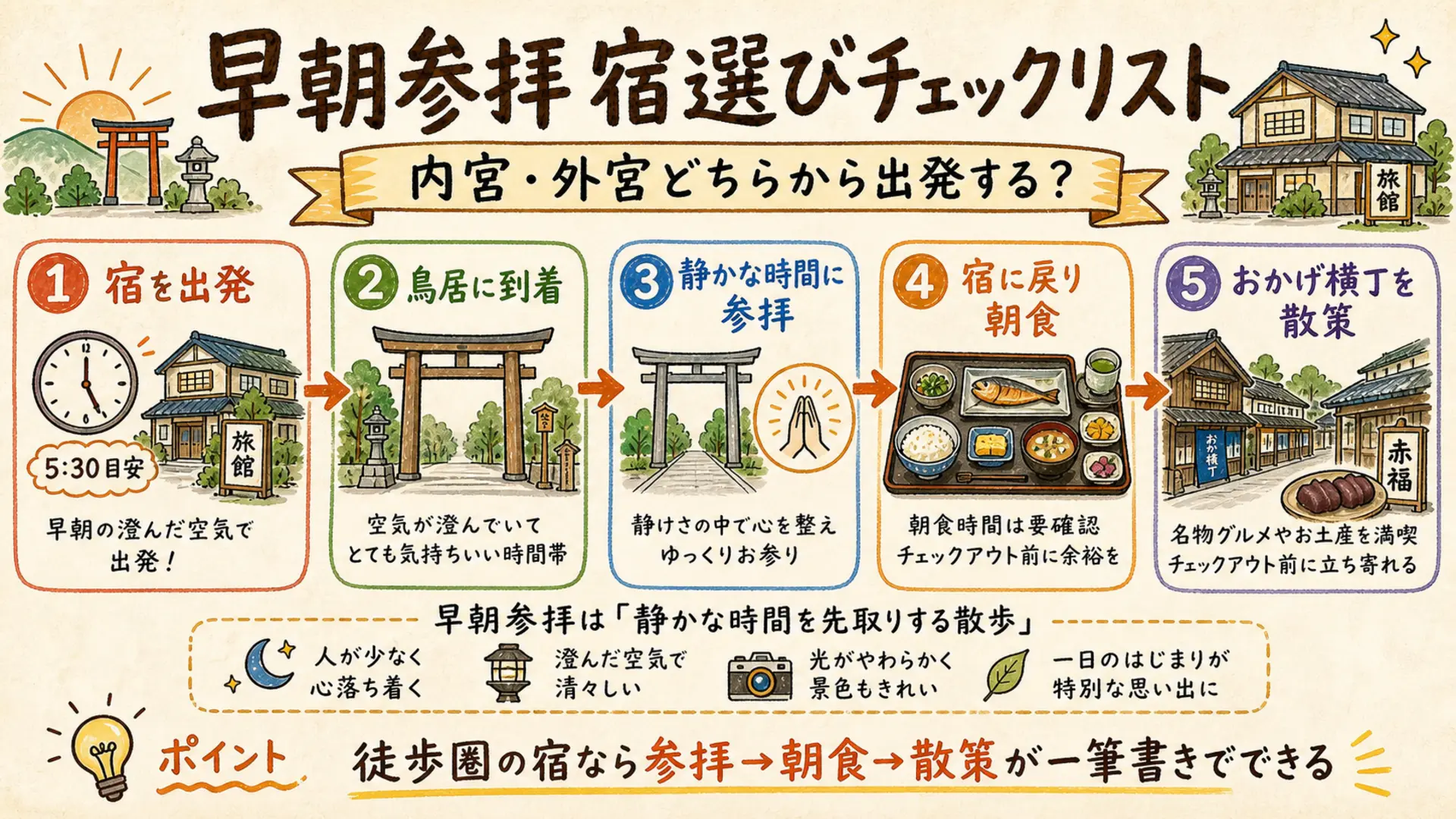 早朝参拝の動線チェックリスト 宿出発から鳥居参拝、朝食、おかげ横丁散策までの流れ
