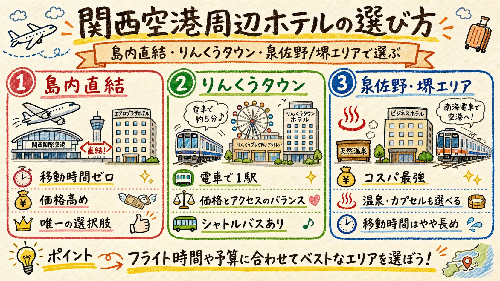 関西空港周辺ホテルの選び方3タイプ比較図