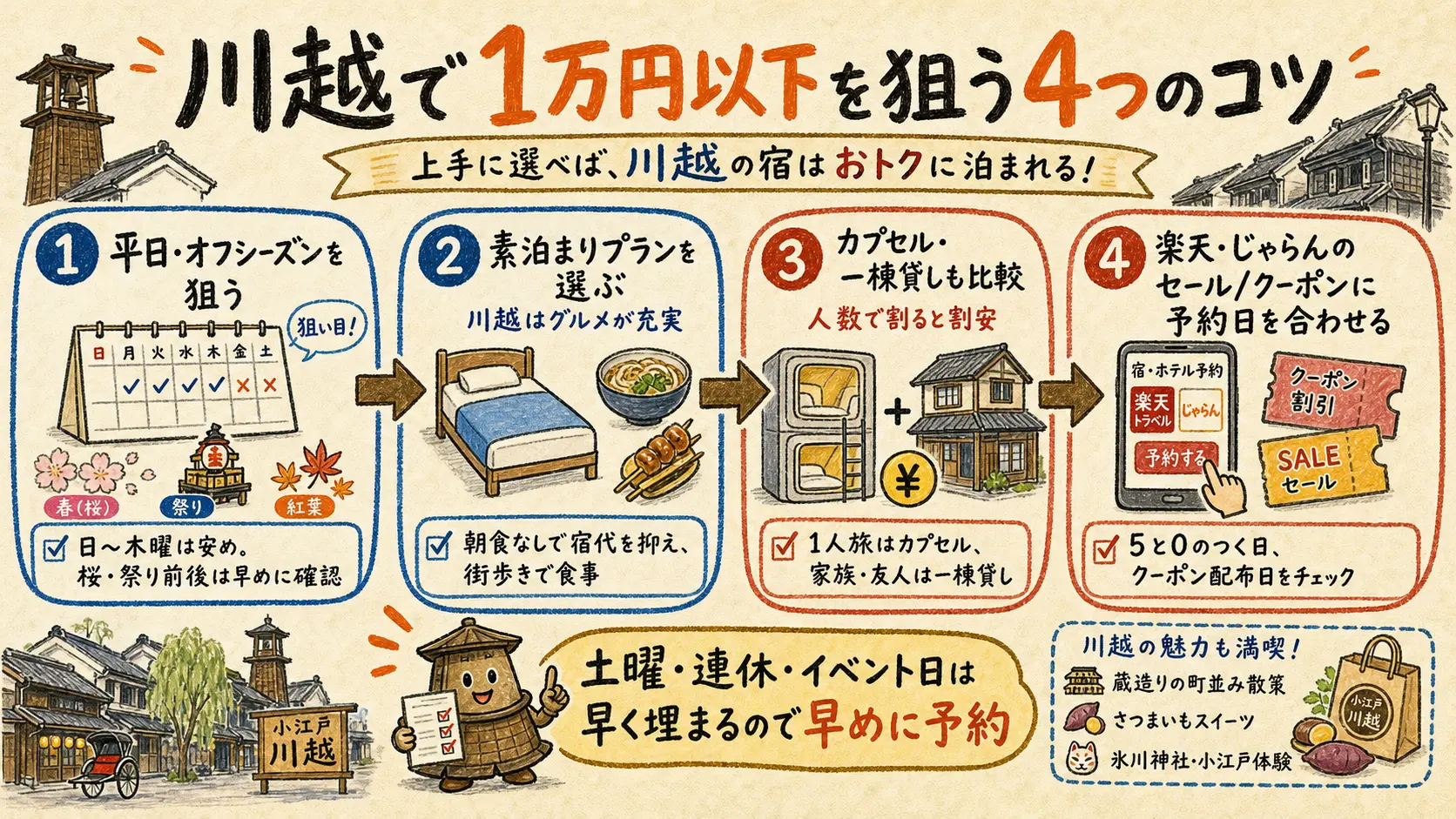川越で1泊1万円以下を狙う4つのコツをまとめたチェックリスト図解