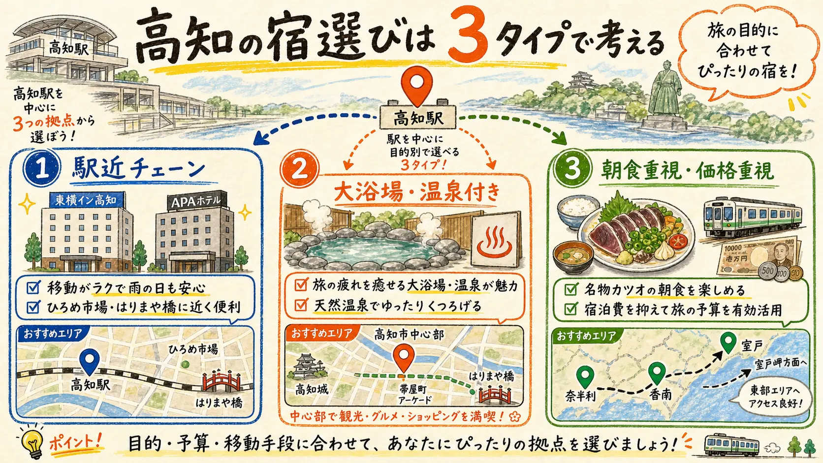高知の宿選びを駅近チェーン、大浴場・温泉付き、朝食重視・価格重視の3タイプで考える図解