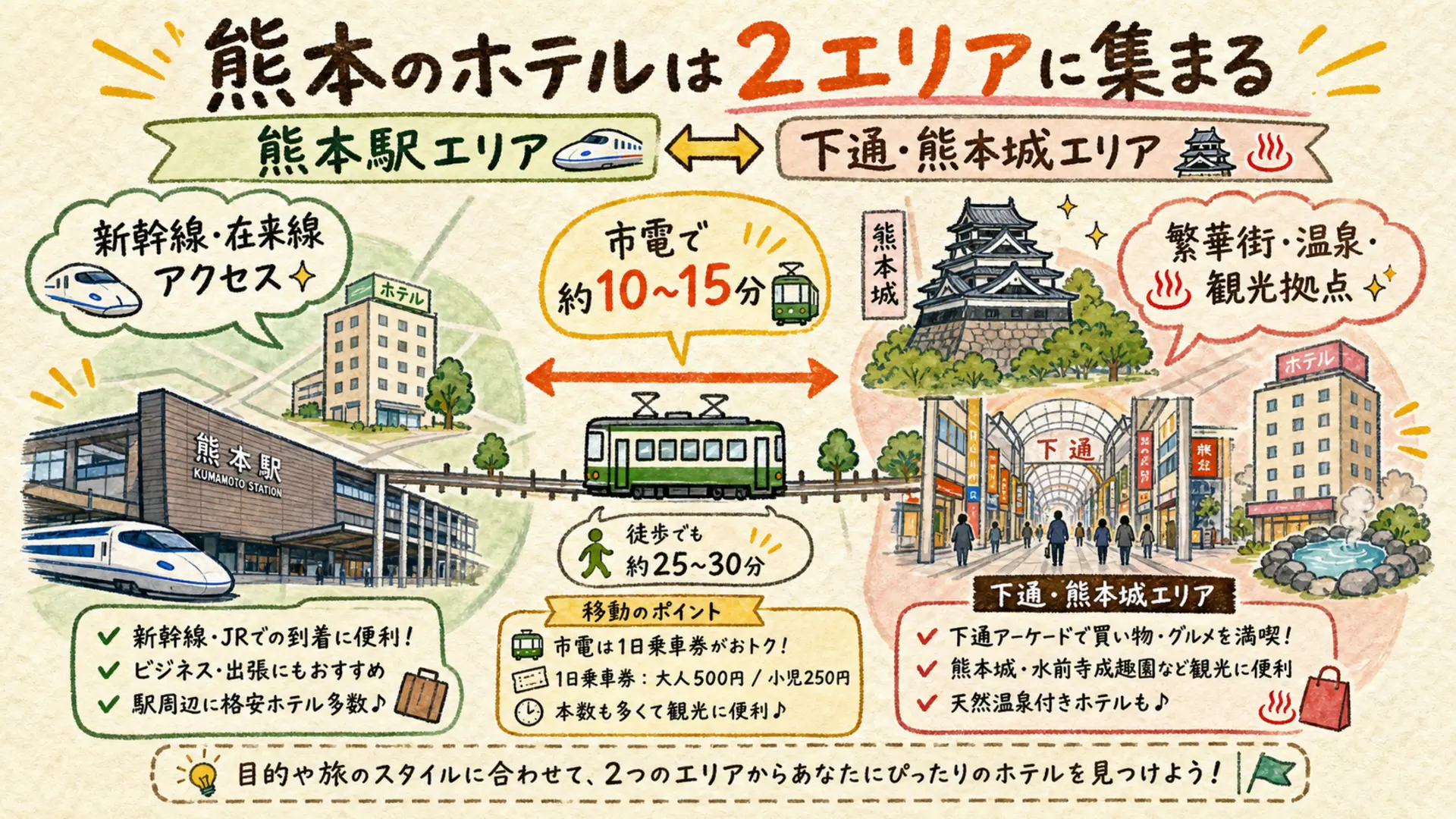 熊本駅エリアと下通・熊本城エリアのイメージマップ