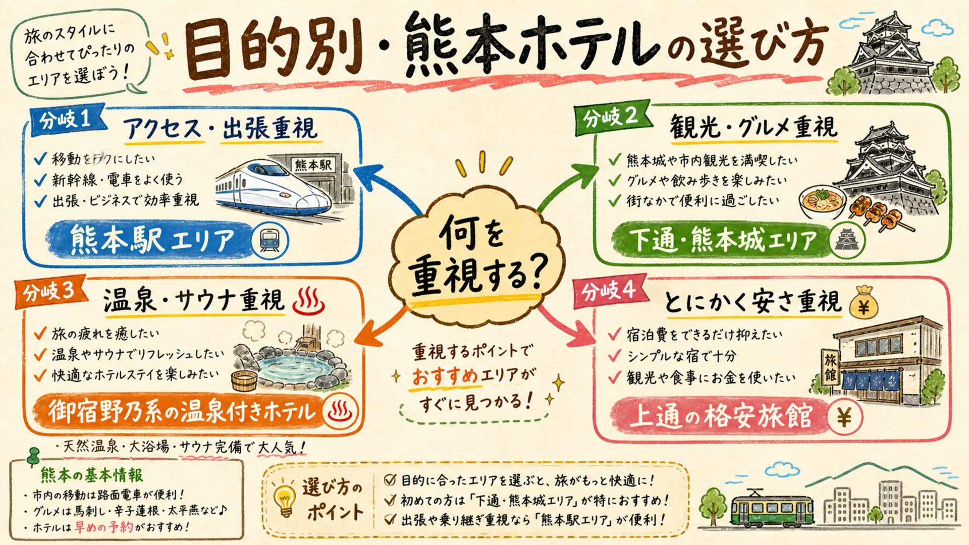 目的別に熊本の宿エリアを選ぶチャート
