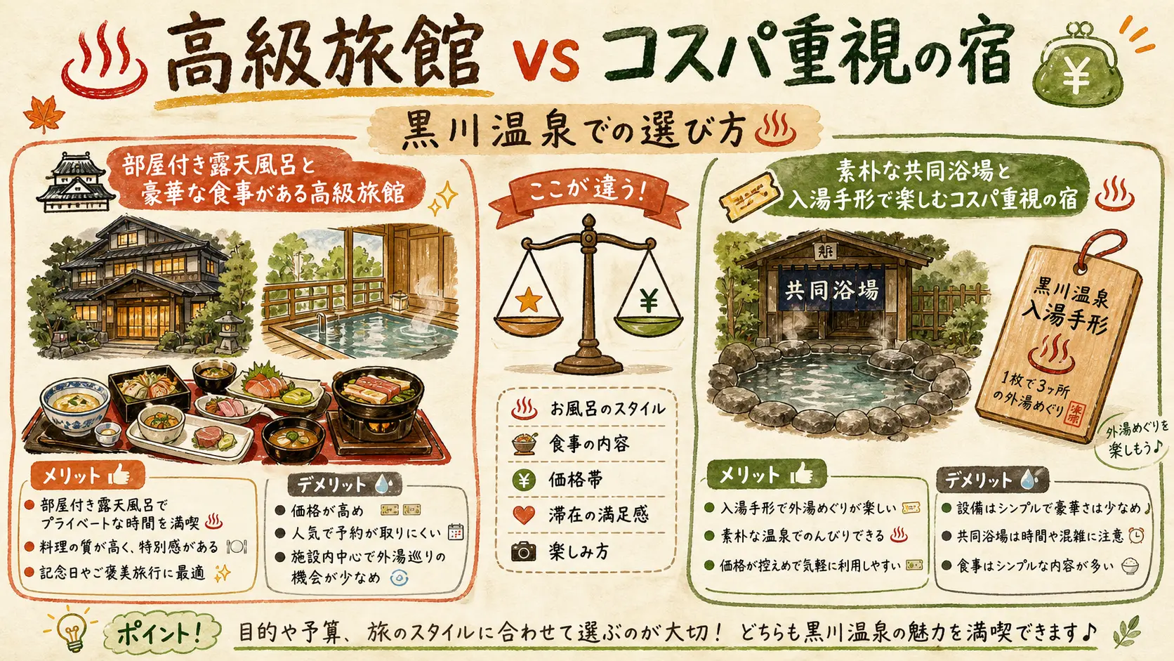 黒川温泉の高級旅館とコスパ重視の宿を比較する図解