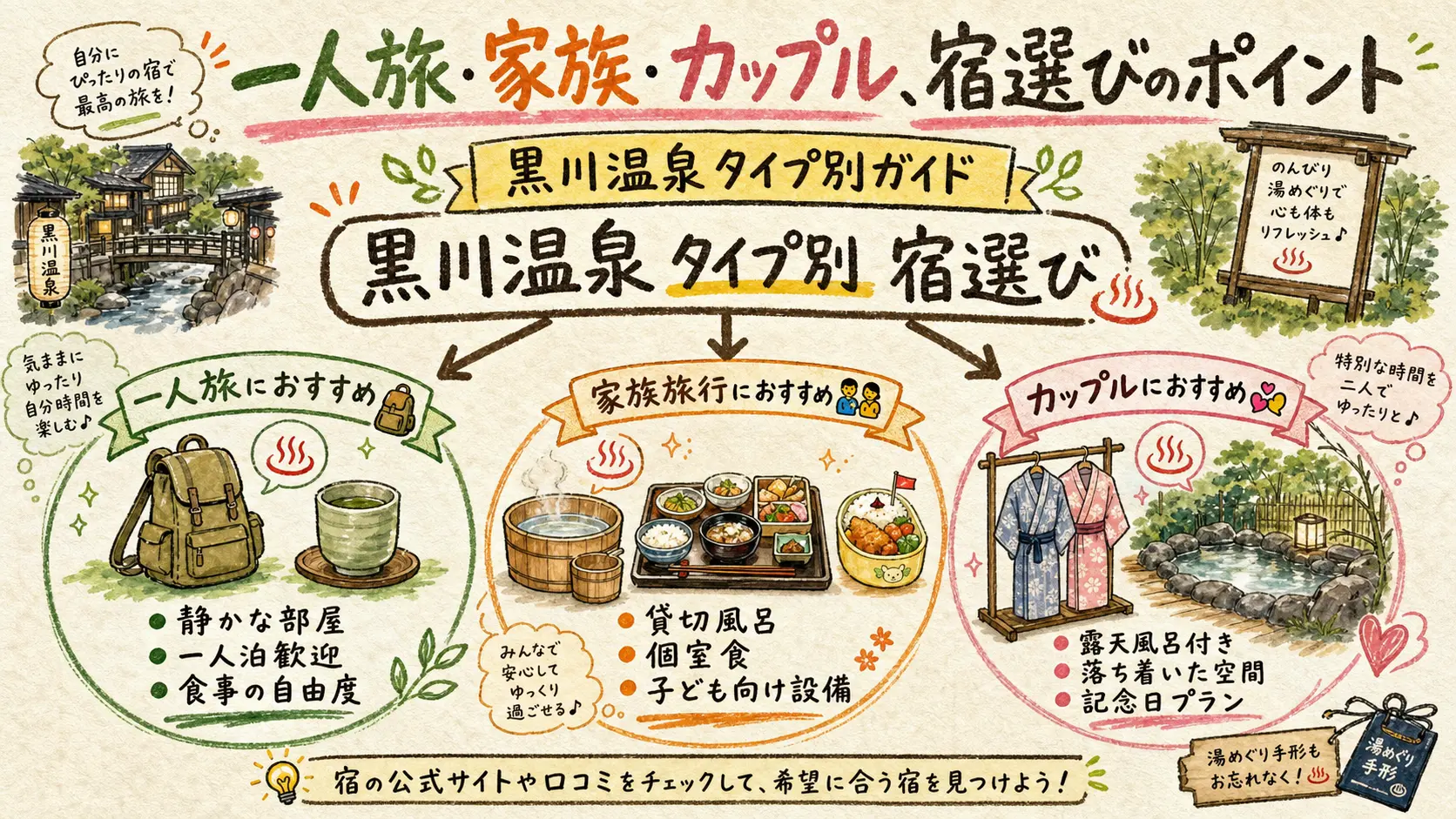 一人旅・家族・カップル向けの黒川温泉の宿タイプを整理した図解