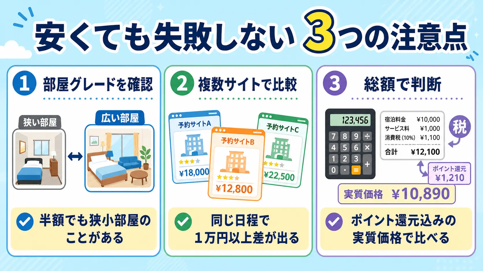 高級ホテルを安く泊まるときの3つの注意点(部屋グレード確認・複数サイト比較・総額判断)