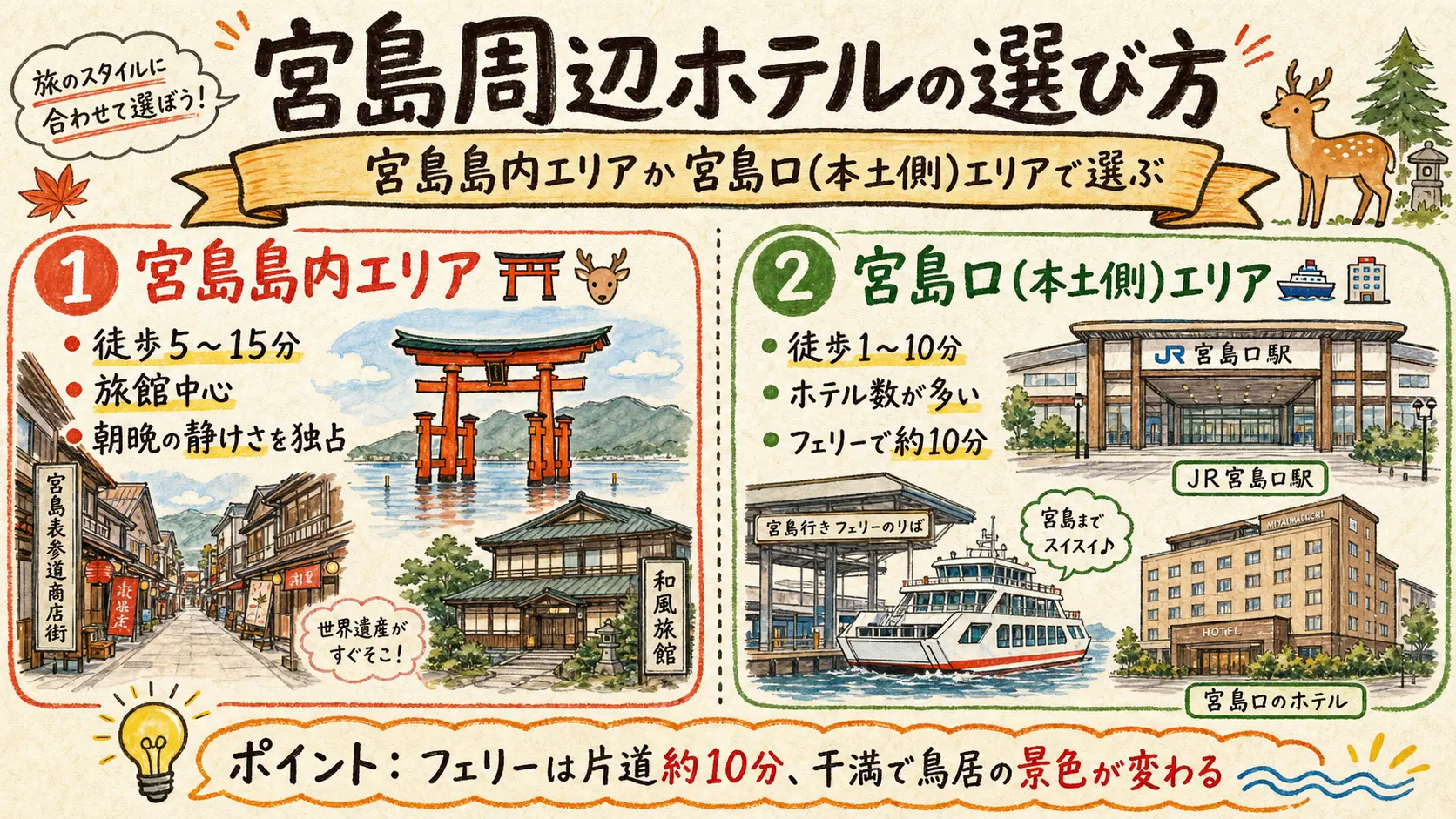 宮島周辺ホテルの選び方 宮島島内エリアと宮島口(本土側)エリアの比較