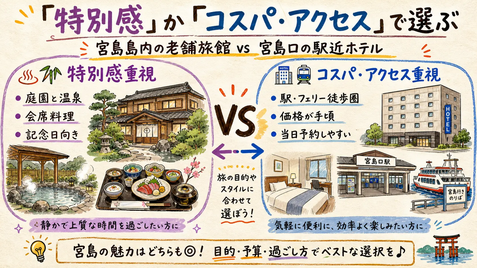 特別感重視の高級旅館とコスパ・アクセス重視のホテルの比較