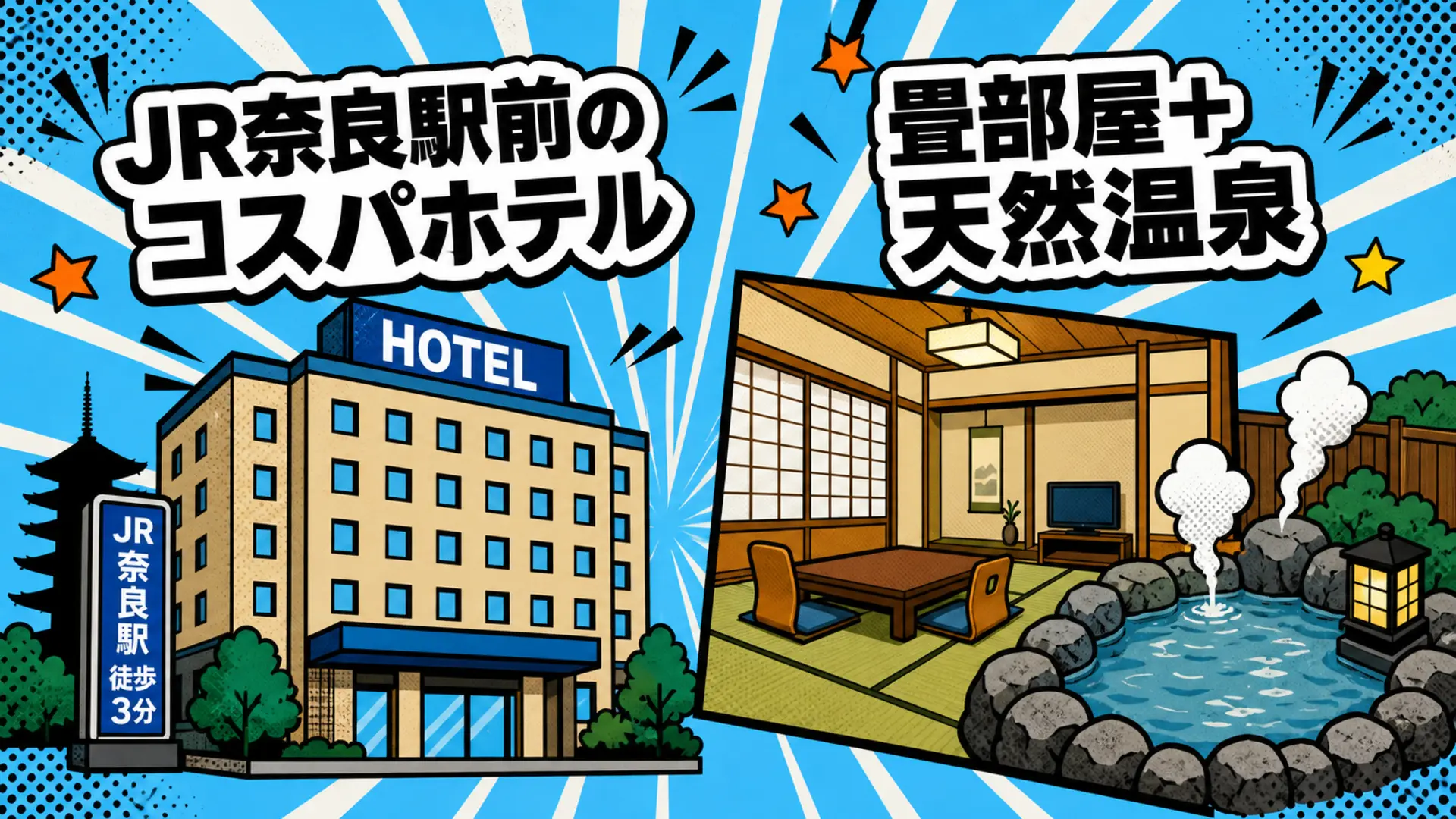 JR奈良駅前のホテル建物と畳部屋・天然温泉のイメージ