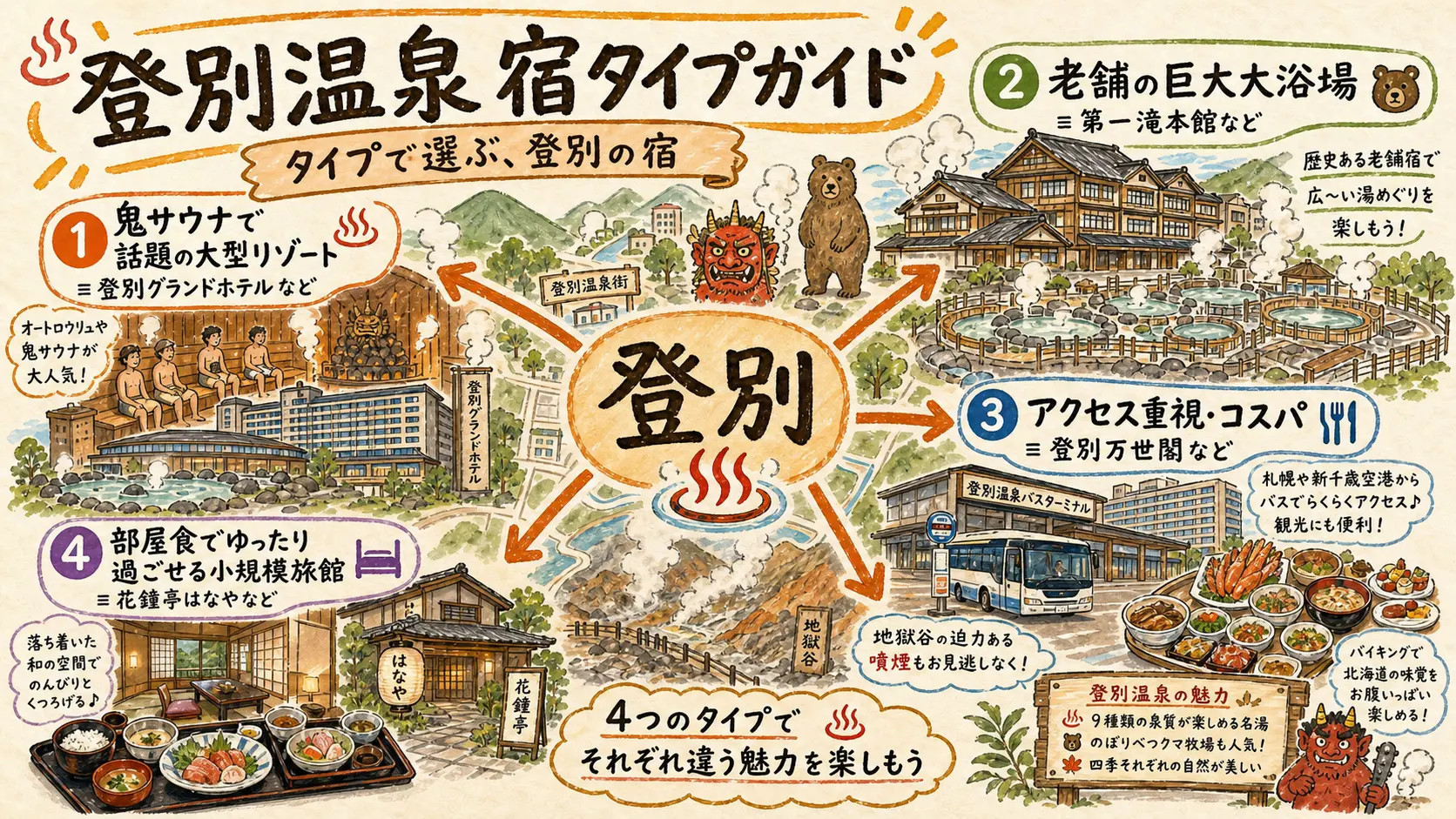 登別温泉の4つの宿タイプ(鬼サウナの大型リゾート・老舗の巨大大浴場・アクセス重視のコスパ宿・部屋食でゆったりの小規模旅館)の位置関係と特徴