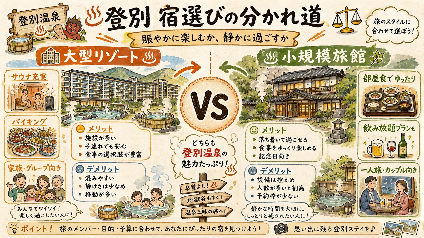 大型リゾート(サウナ・バイキング充実)と小規模旅館(部屋食でゆったり)のメリット・デメリット比較