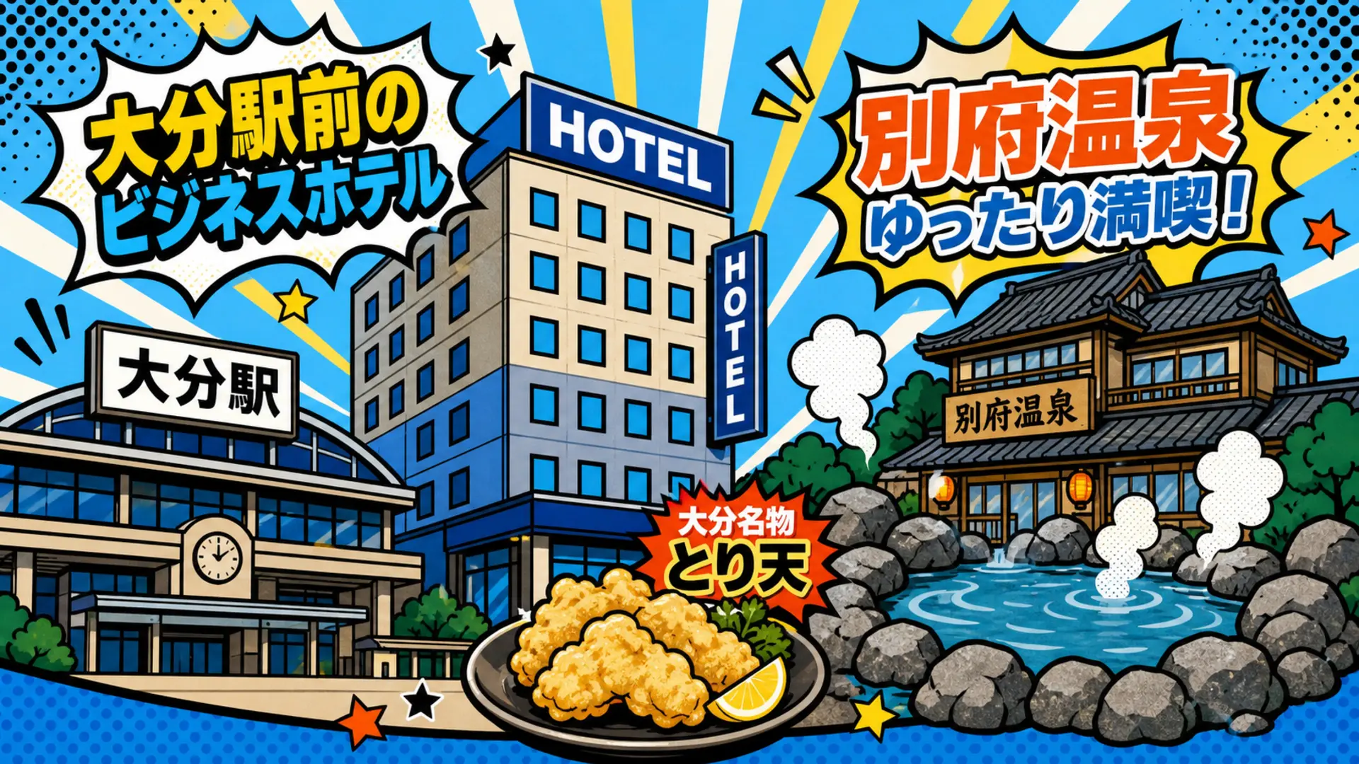 大分駅前のビジネスホテルと別府温泉、大分名物とり天のイメージ