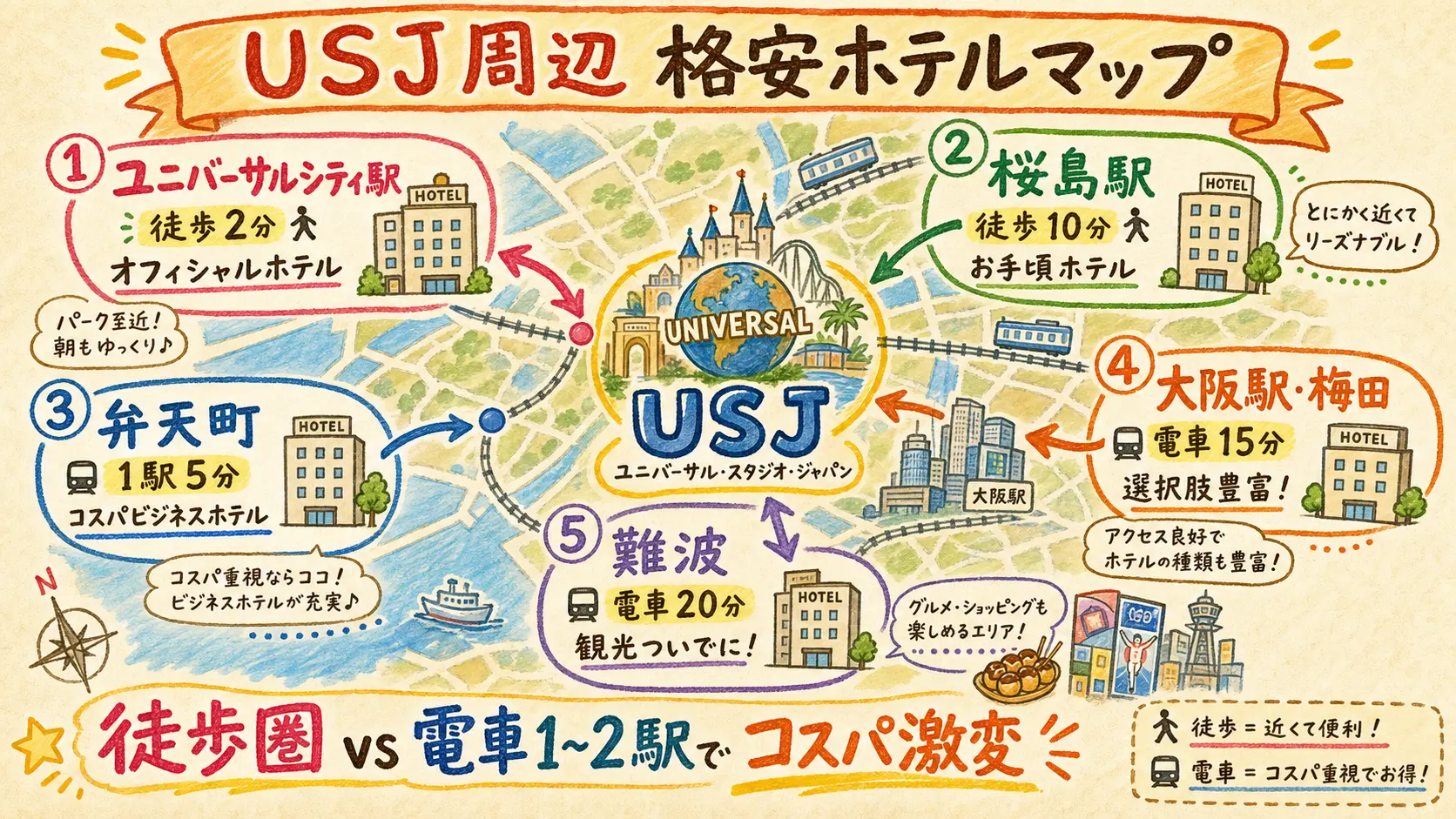 USJ周辺の格安ホテルエリア分布マップ