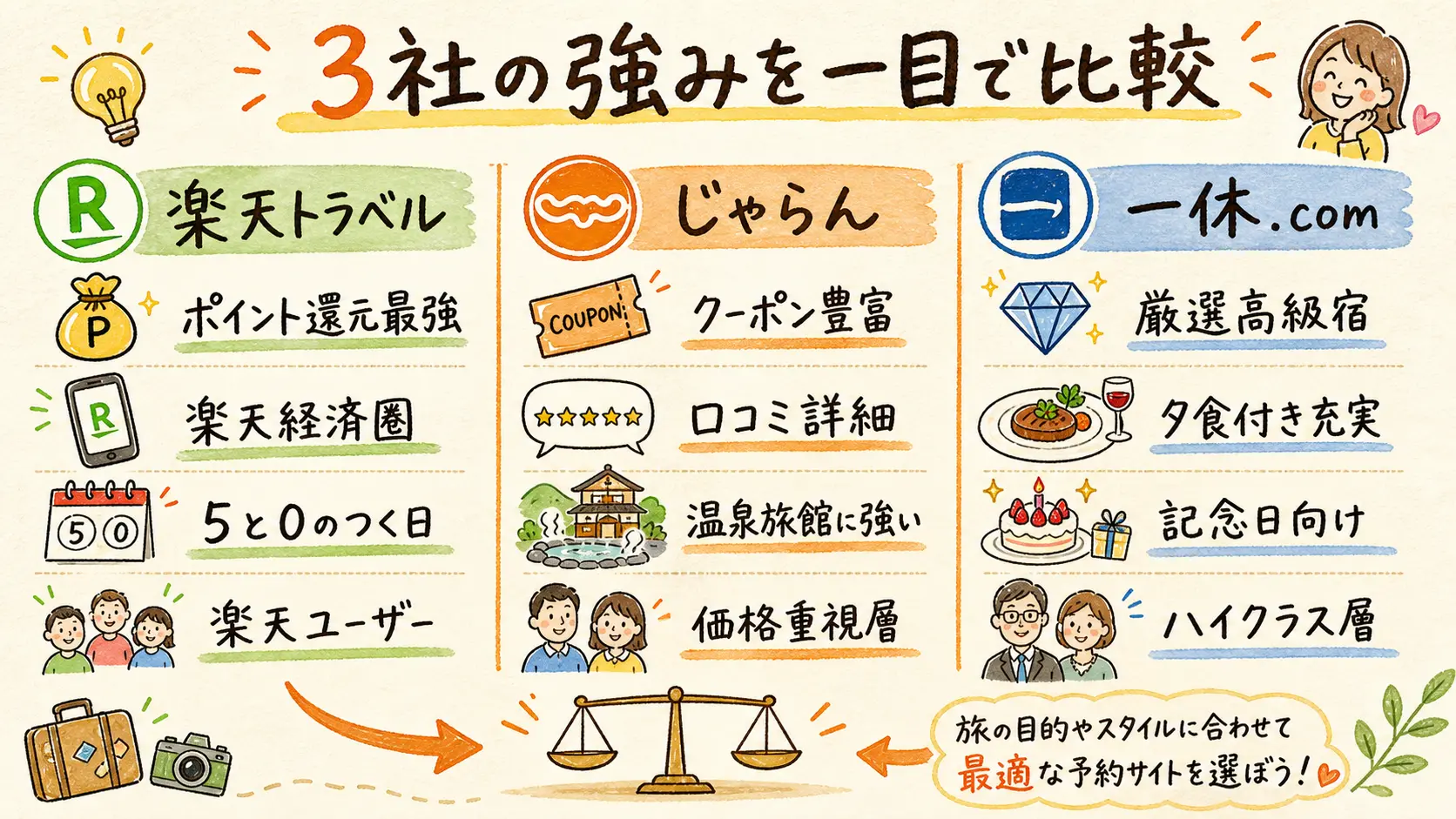 楽天トラベル・じゃらん・一休.com の3社比較表