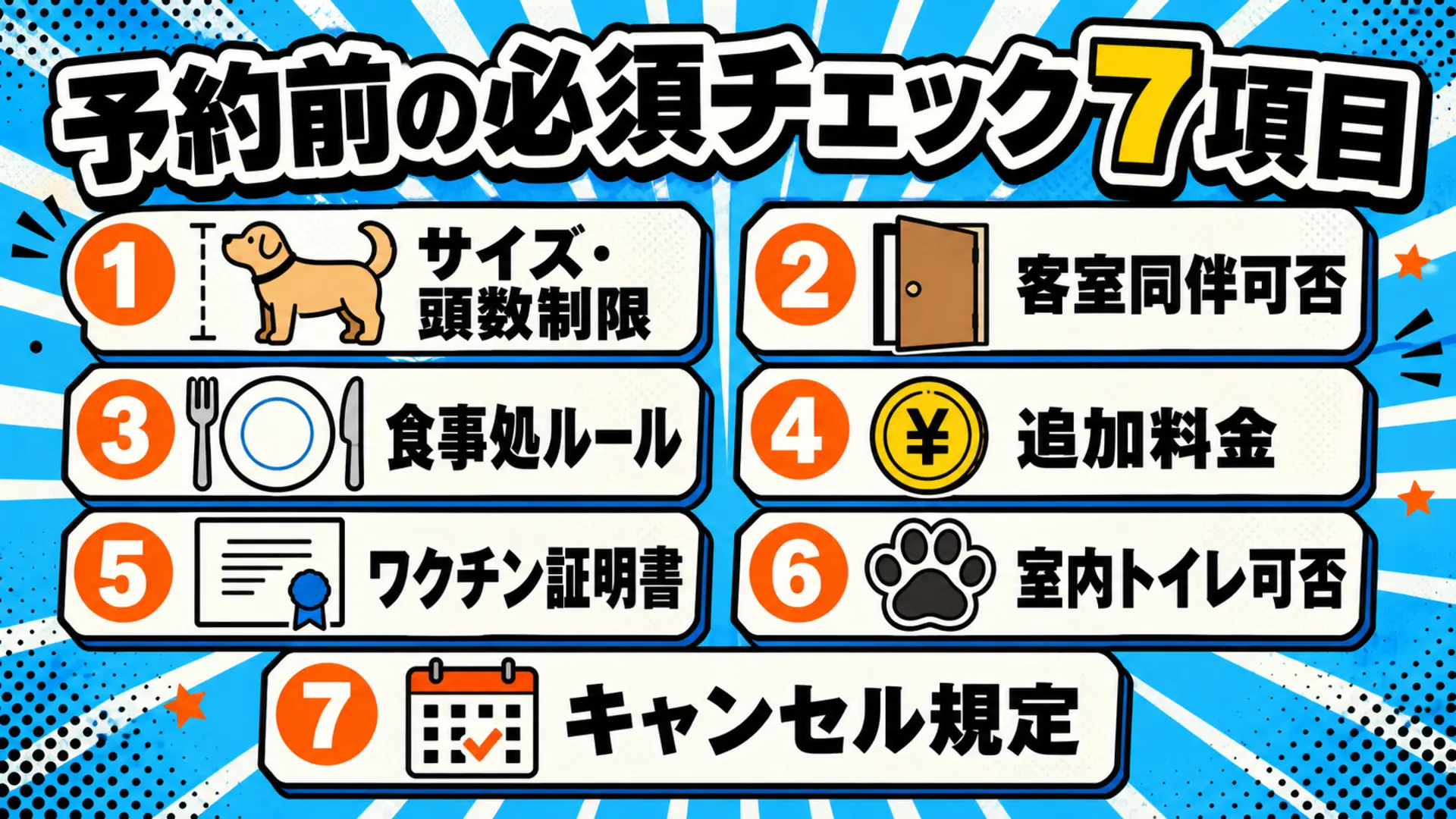 ペット可ホテル予約前の必須チェック7項目:サイズ・頭数制限、客室同伴可否、食事処ルール、追加料金、ワクチン証明書、室内トイレ可否、キャンセル規定