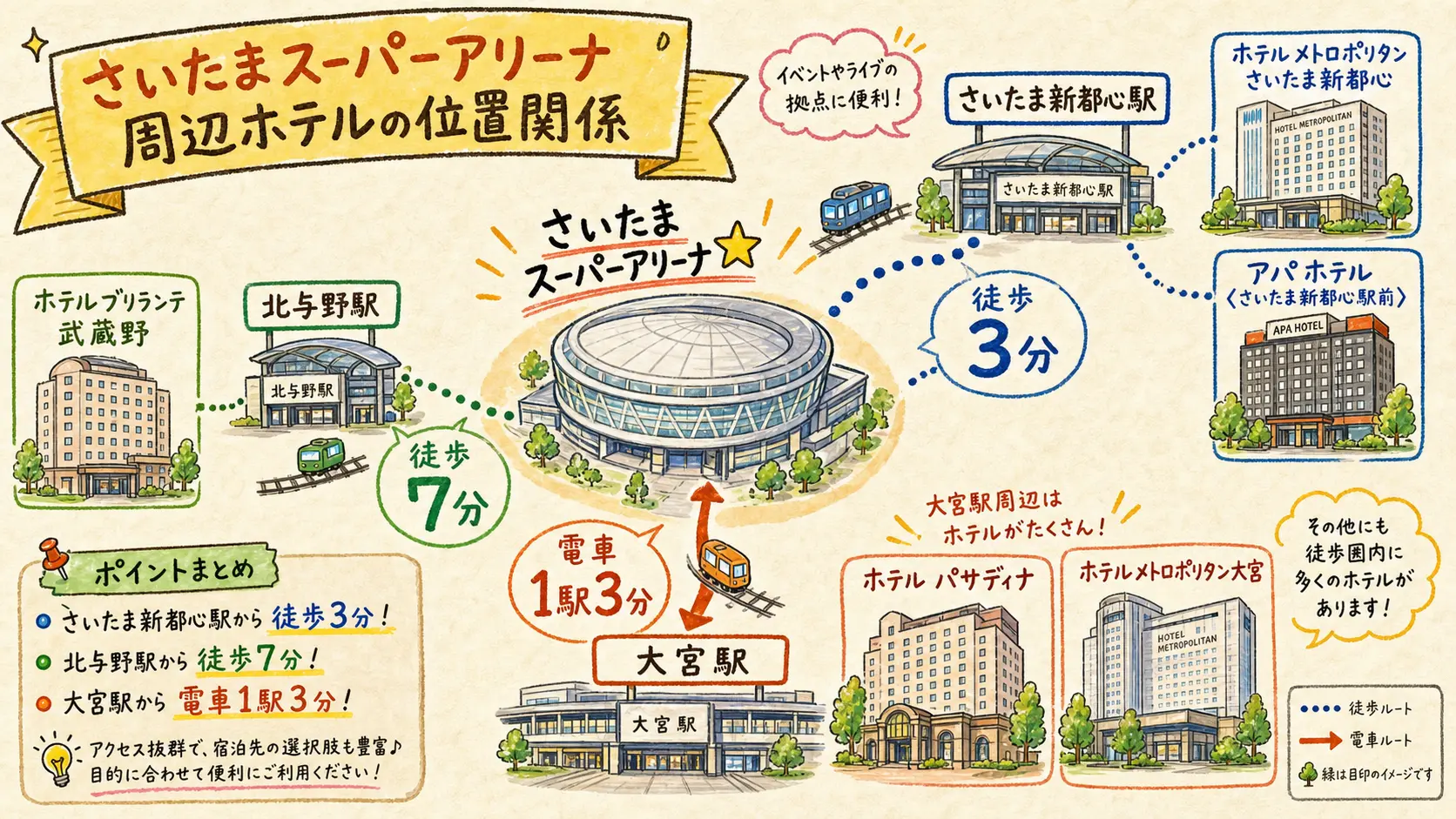 さいたま新都心駅、大宮駅、北与野駅周辺のホテル分布図