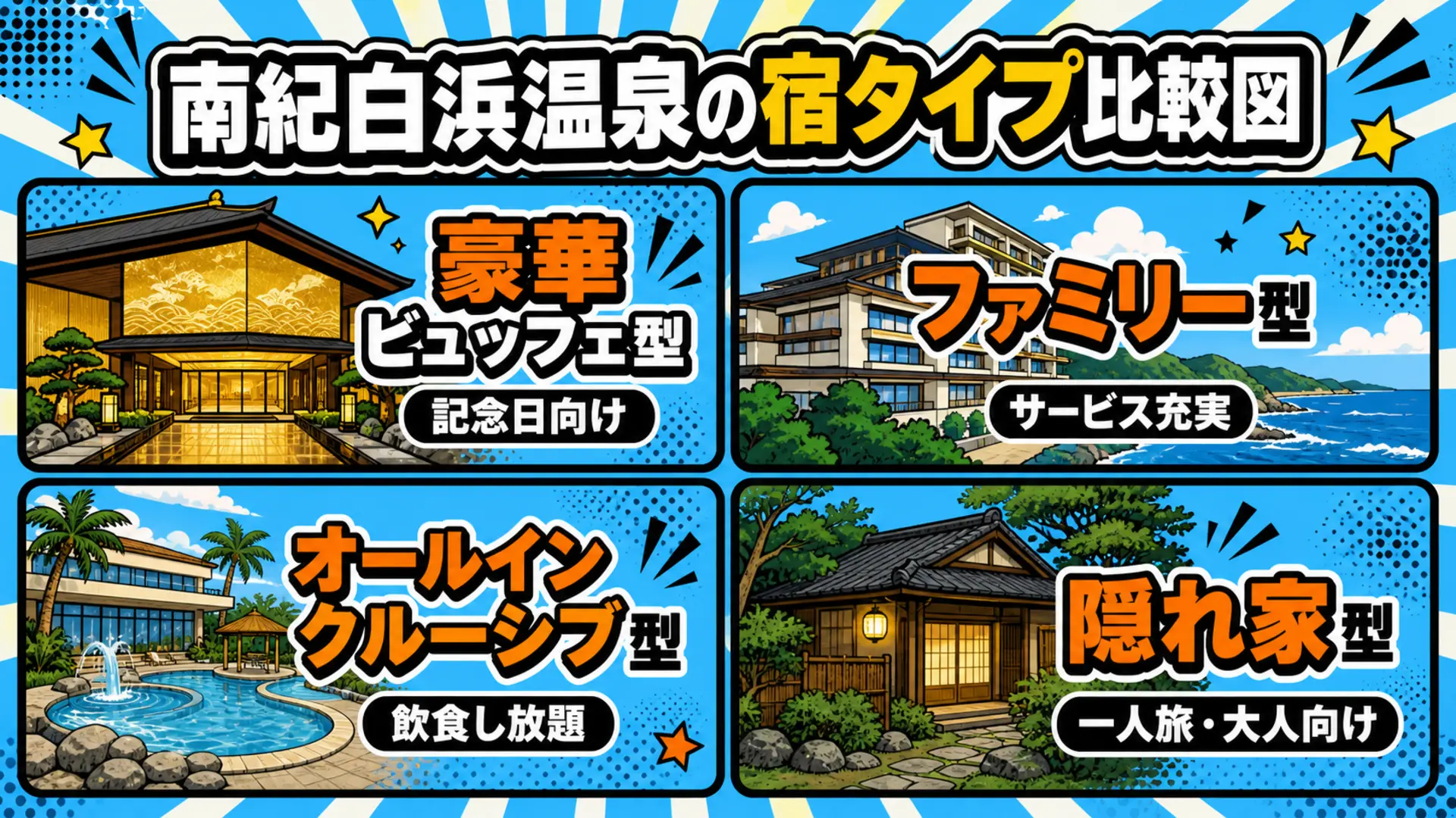 南紀白浜の宿タイプ比較図:豪華ビュッフェ型・ファミリー型・オールインクルーシブ型・隠れ家型の特徴