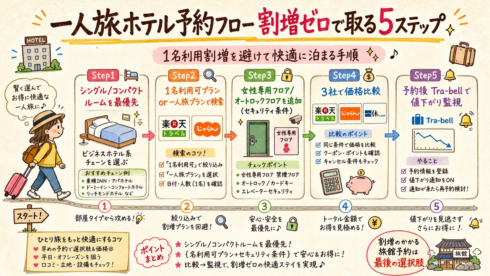 一人旅ホテル予約フロー：割増ゼロで取る5ステップ