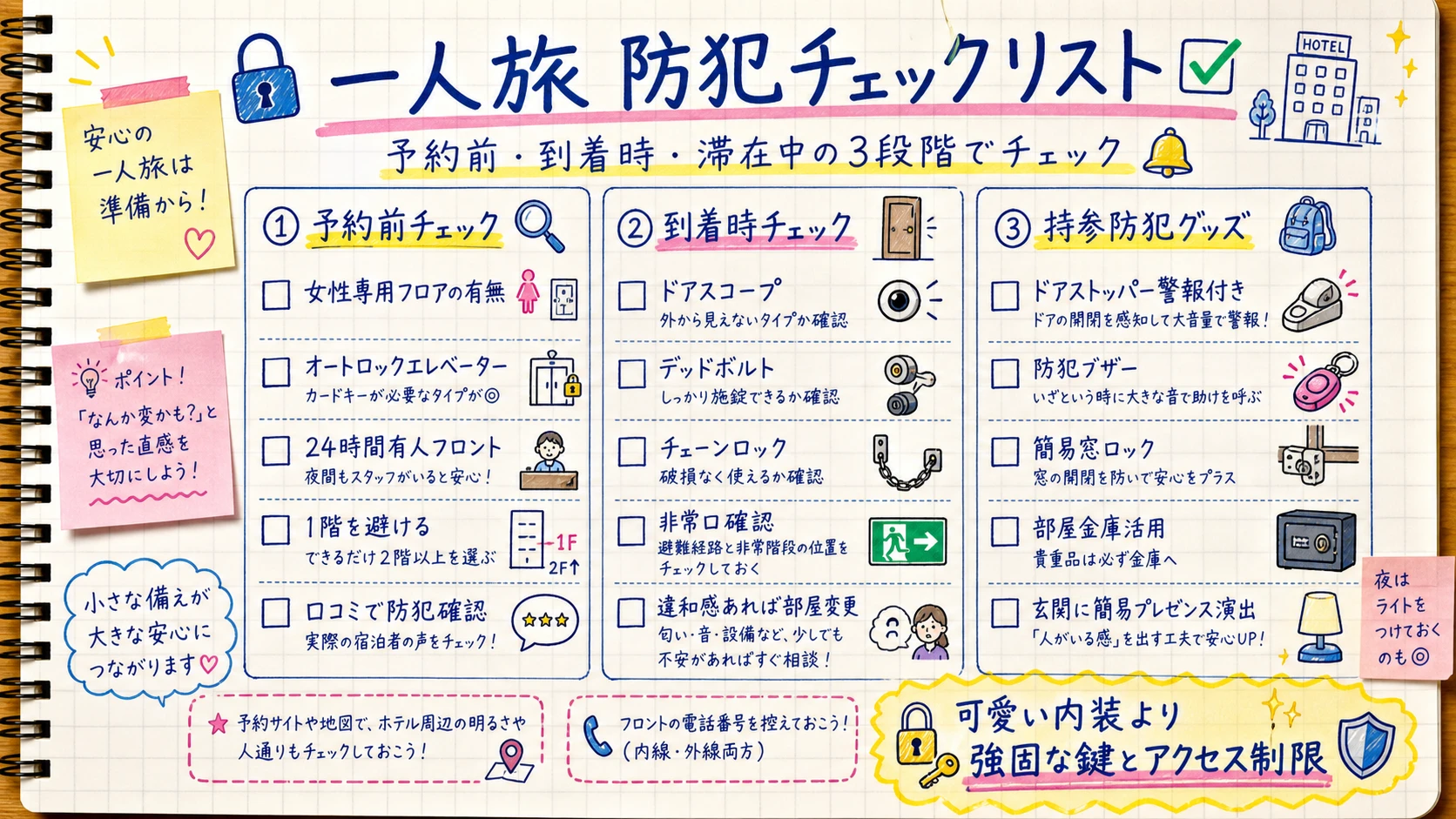 一人旅 防犯チェックリスト：予約前・到着時・滞在中
