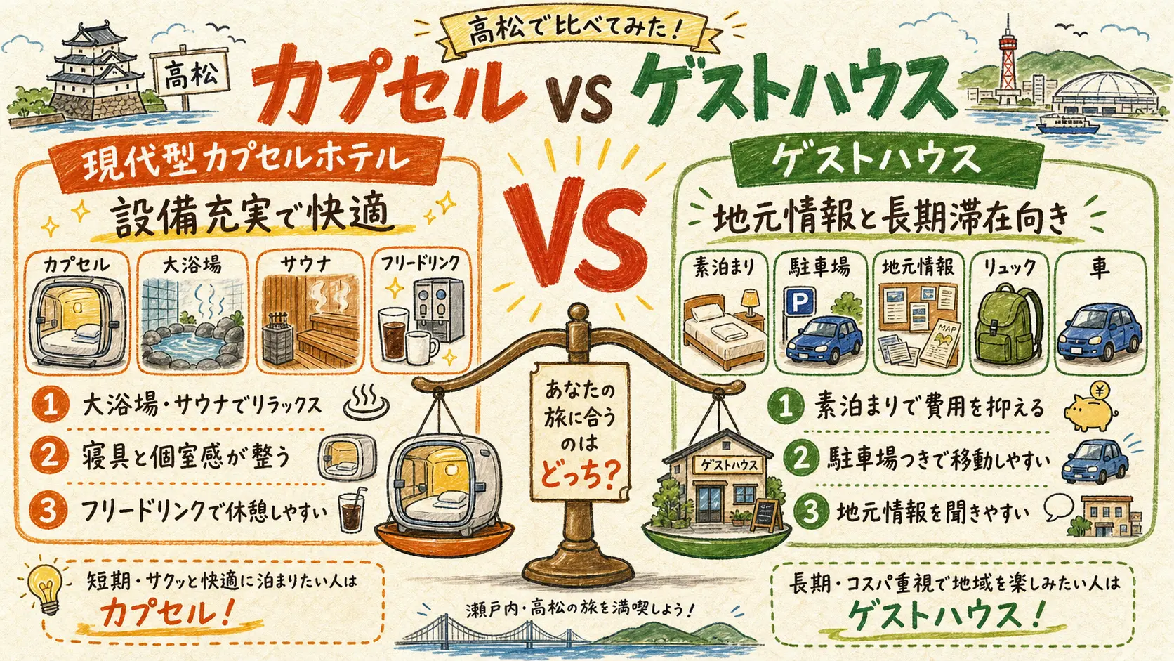高松でカプセルホテルとゲストハウスを比較する図解