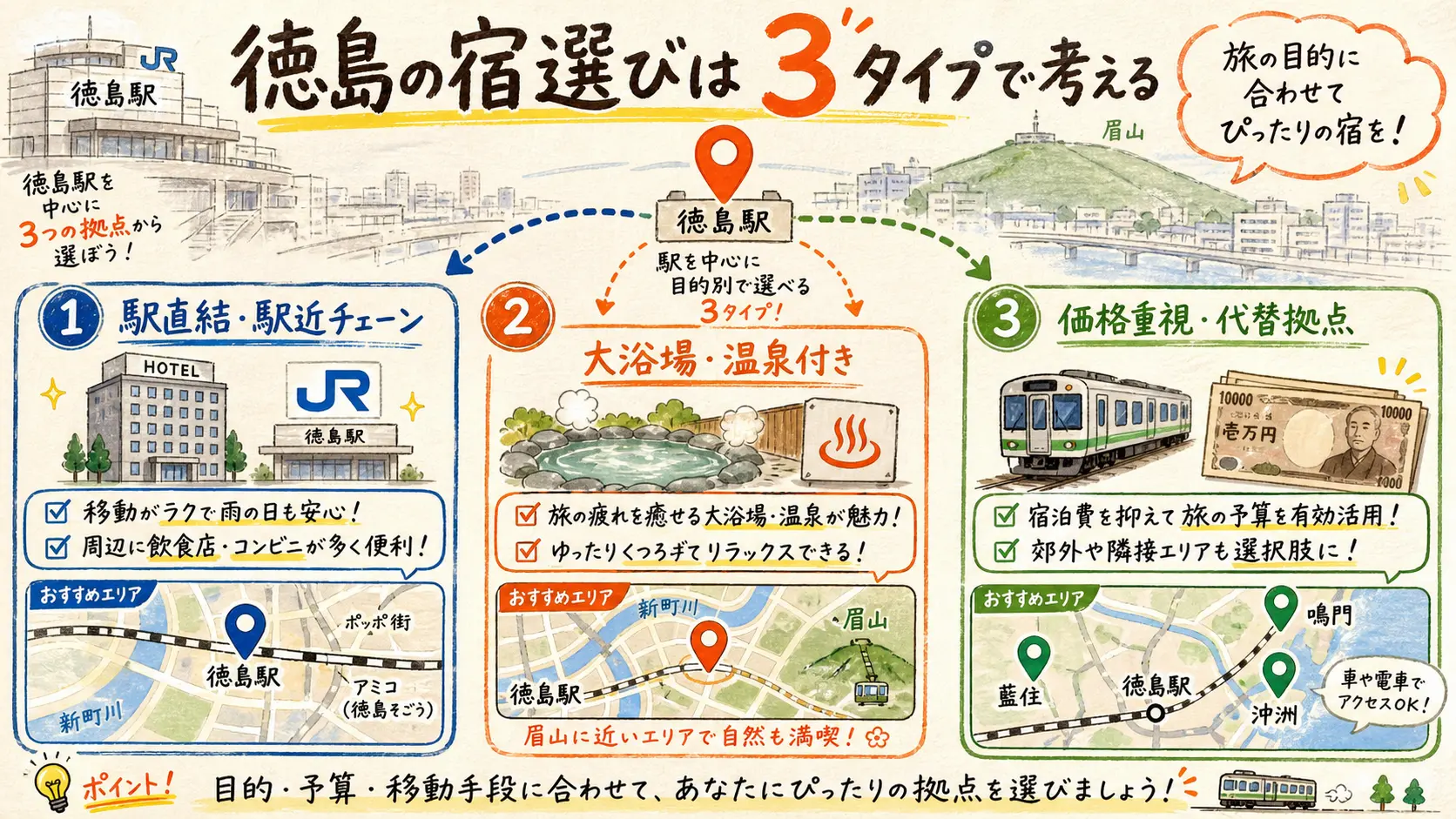 徳島の宿選びを駅直結・駅近チェーン、大浴場・温泉付き、価格重視・代替拠点の3タイプで考える図解