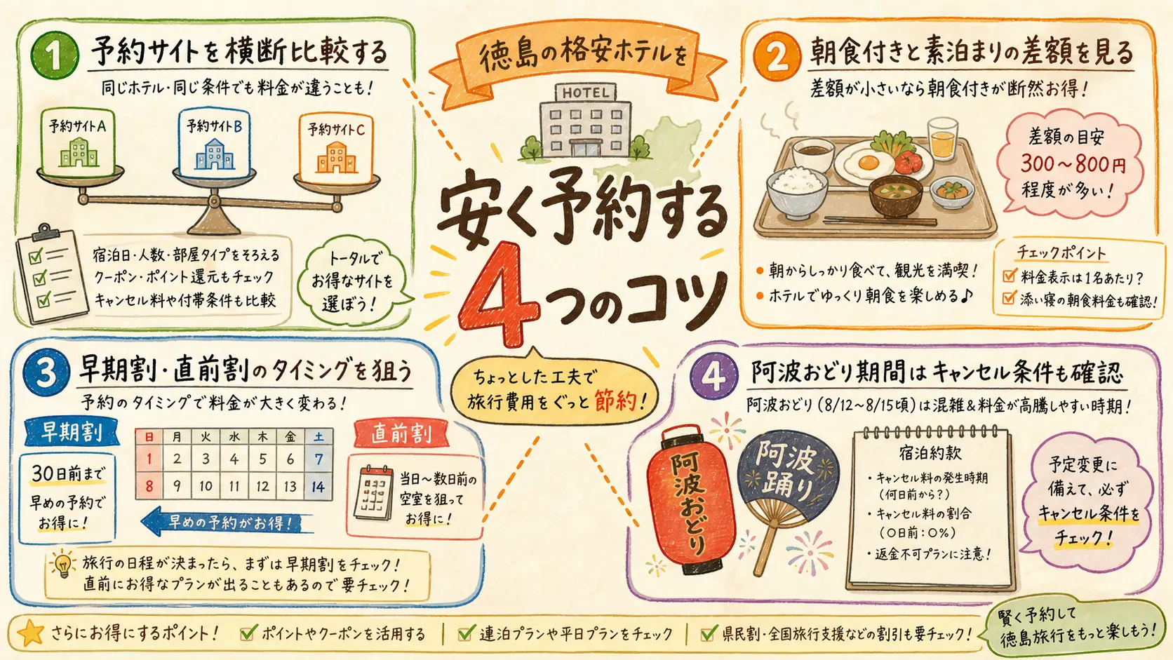 徳島の格安ホテルを安く予約する4つのコツを予約サイト比較・朝食差額・早期割・キャンセル条件で図解