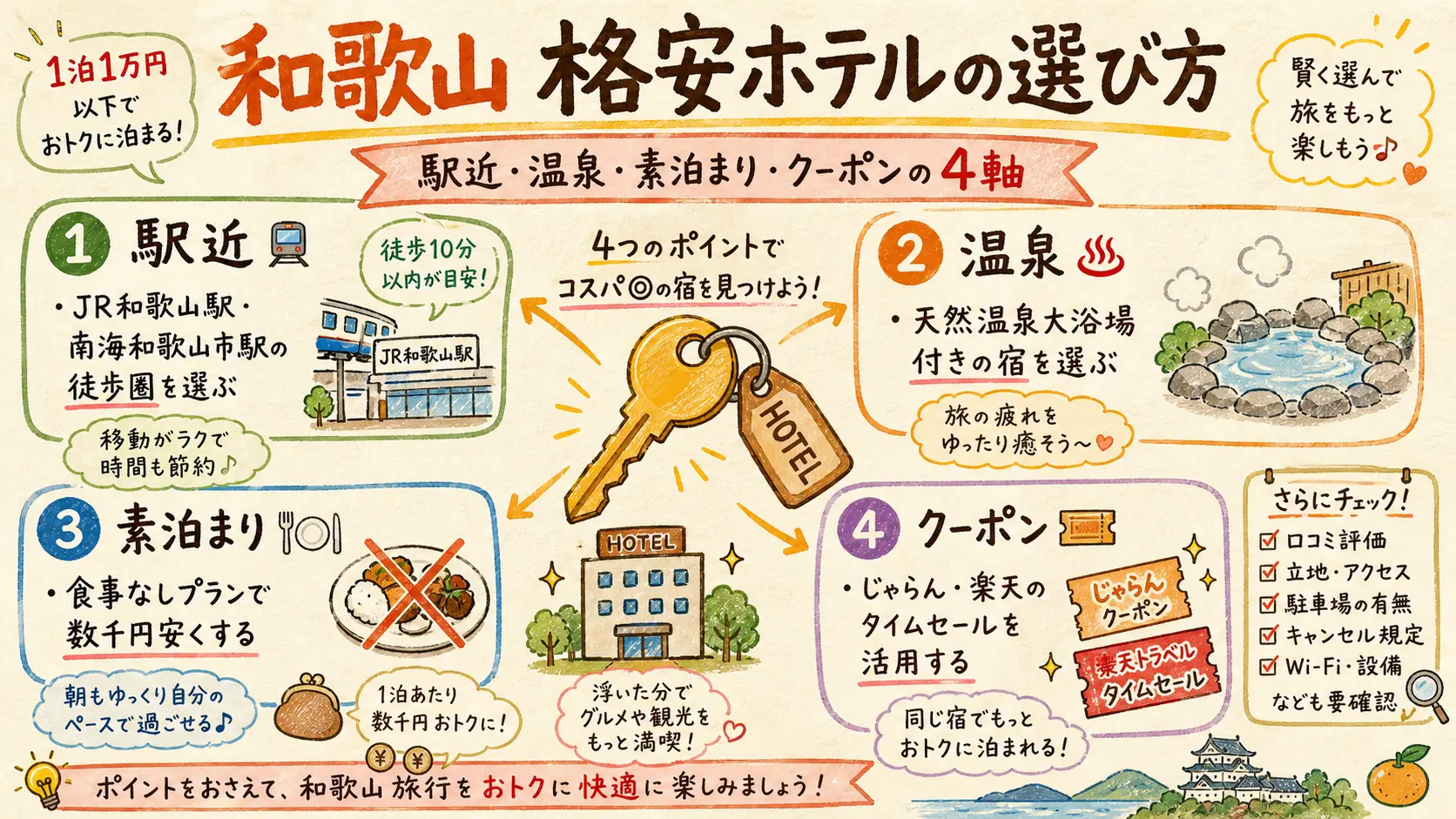 和歌山で格安ホテルを選ぶ4つのポイント(駅近・温泉・素泊まり・クーポン)を示したイメージ