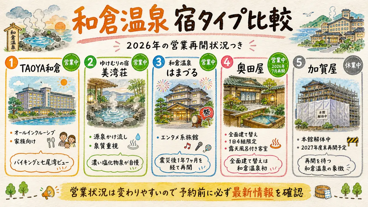 和倉温泉の主要宿5軒の営業状況比較(2026年)