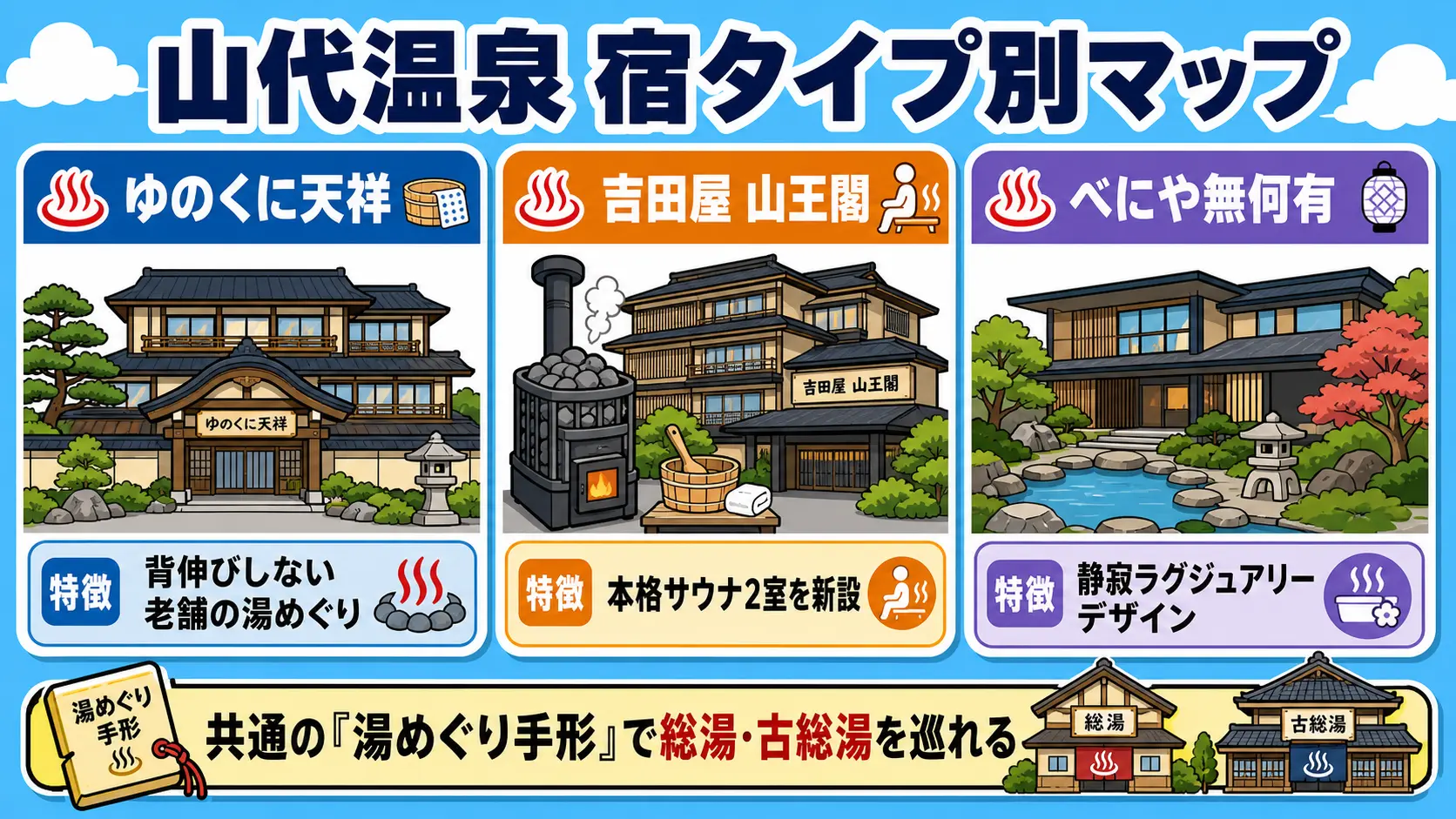 山代温泉の宿タイプ別マップ(ゆのくに天祥・吉田屋 山王閣・べにや無何有)