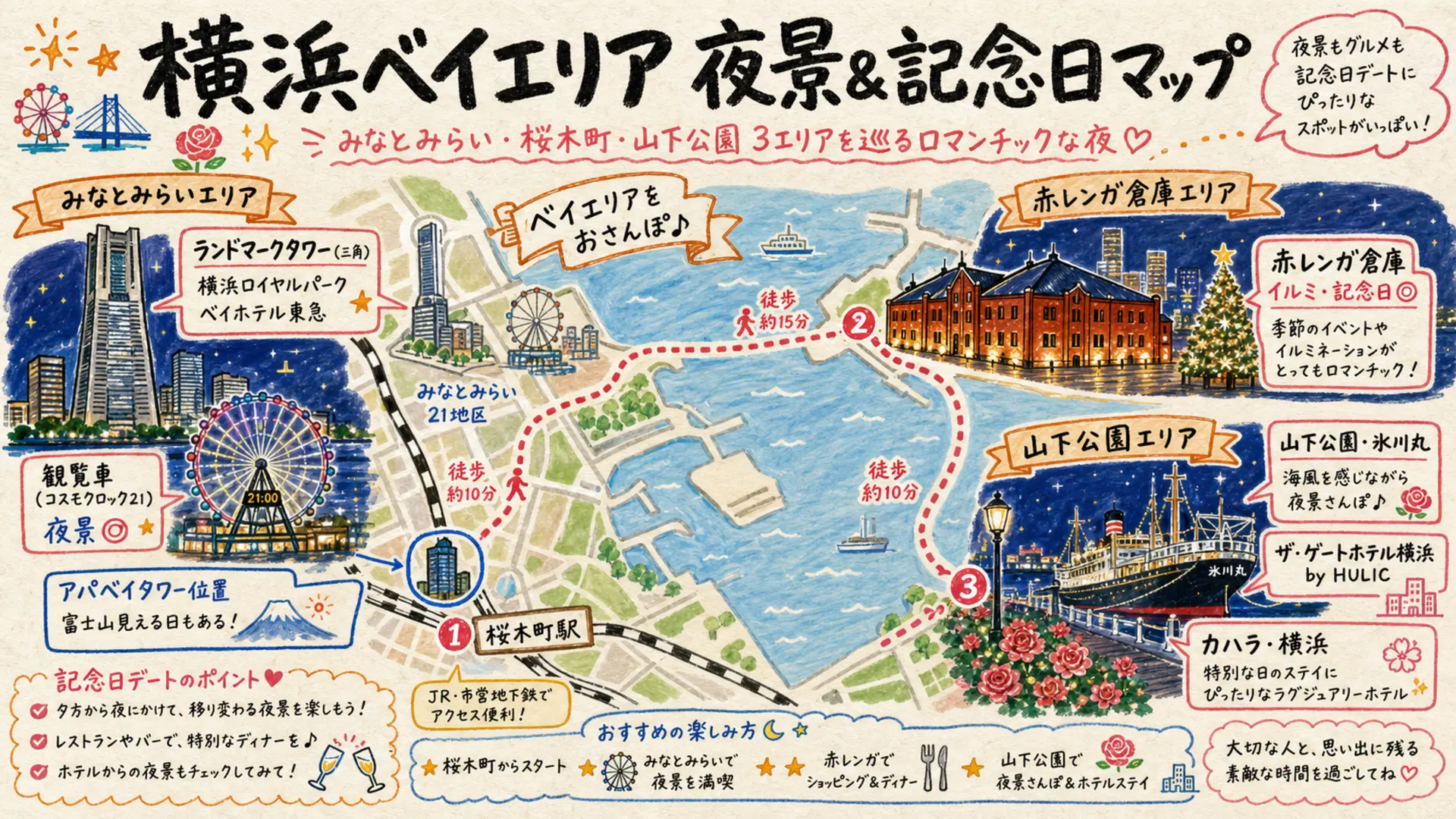 横浜ベイエリア 3エリアの夜景&記念日マップ