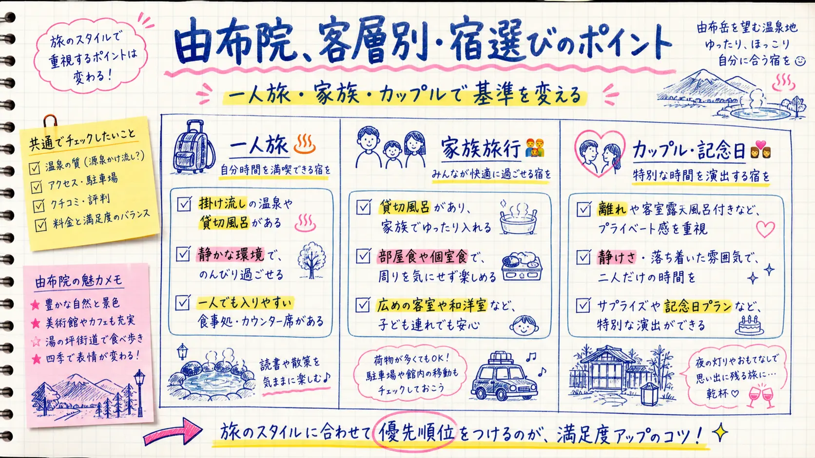 一人旅・家族・カップル向けの由布院の宿選びのポイントを整理した図解